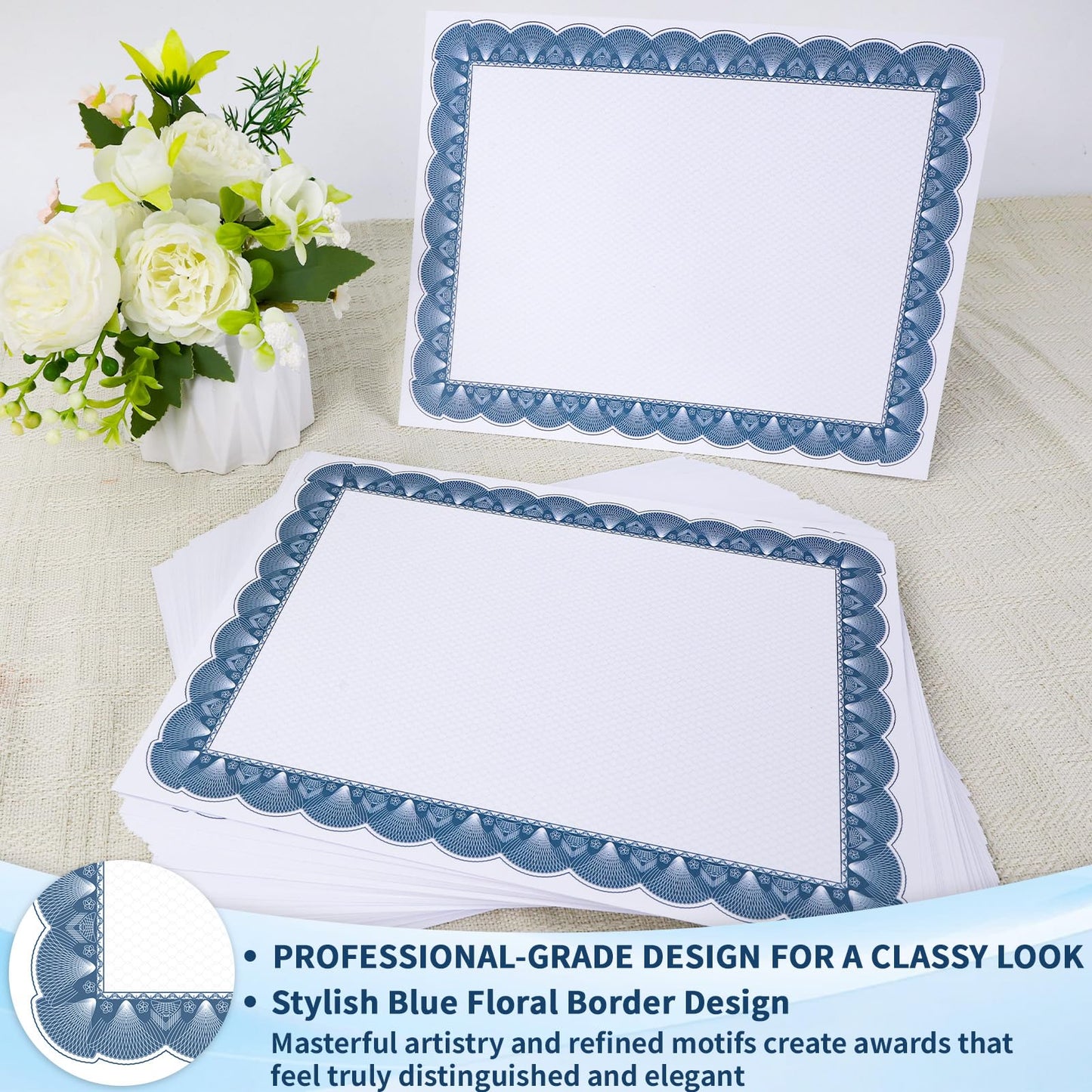 200 PCS Certificate Paper 8.5 x 11 for Printing, Customizable Blank Award Certificates, Diploma Paper with Border for Graduation, Achievement Award, Recognition Document, Navy Blue Floral