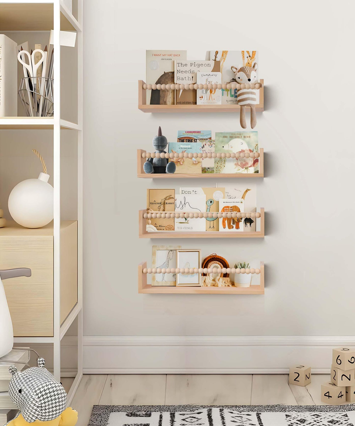 birola Nursery Book Shelves Set of 4,Wood Floating Nursery Shelves for Wall,Wall Bookshelves for Kids(Set of 4 Natural)