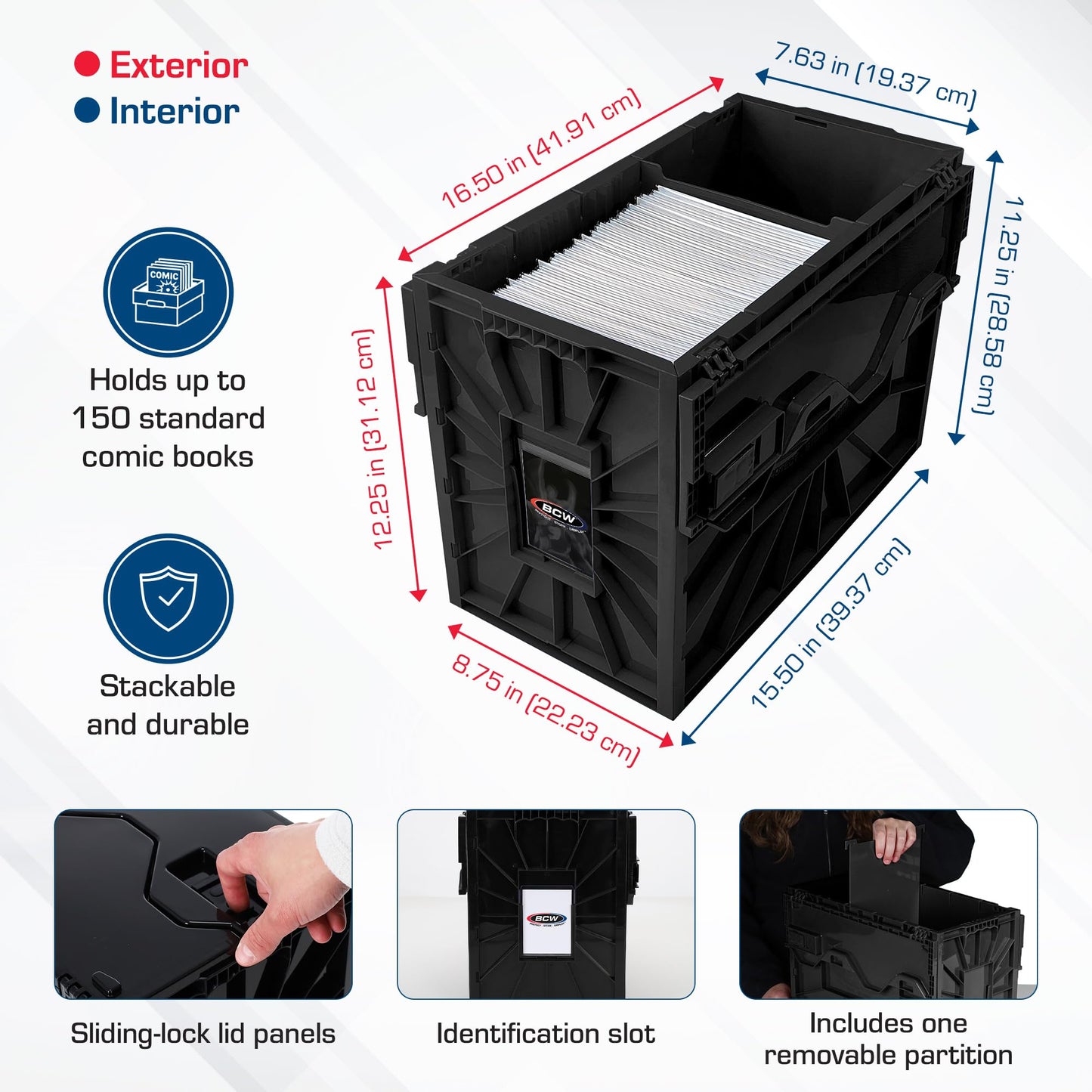 BCW Short Comic Book Bin – Black, 1 Pack | Holds 150 Comics | Acid-Free Heavy-Duty Plastic Storage Box with Partition | Stackable Organizer for Comic Collectors