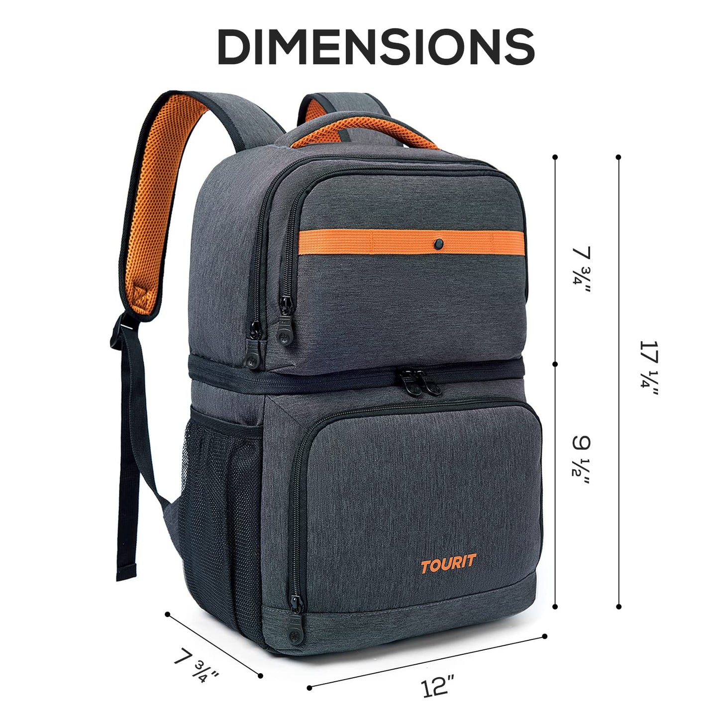 TOURIT Backpack Cooler with Double Decks, Insulated Cooling Bag for Lunch,Waterproof Lightweight for Men to Camping, Picnic, Hiking, Beach Park, Dark Grey