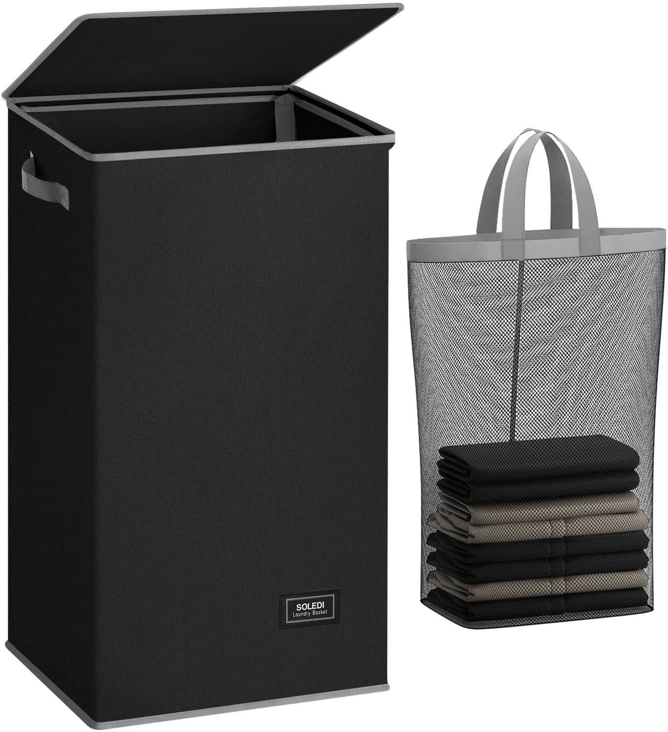 SOLEDI Laundry Basket with Lid 100L Large Laundry Hamper Collapsible Laundry Baskets Tall Clothes Baskets Folding Washing Bin Foldable Hamper Bags for Bedroom, Closet, Bathroom, College - Black