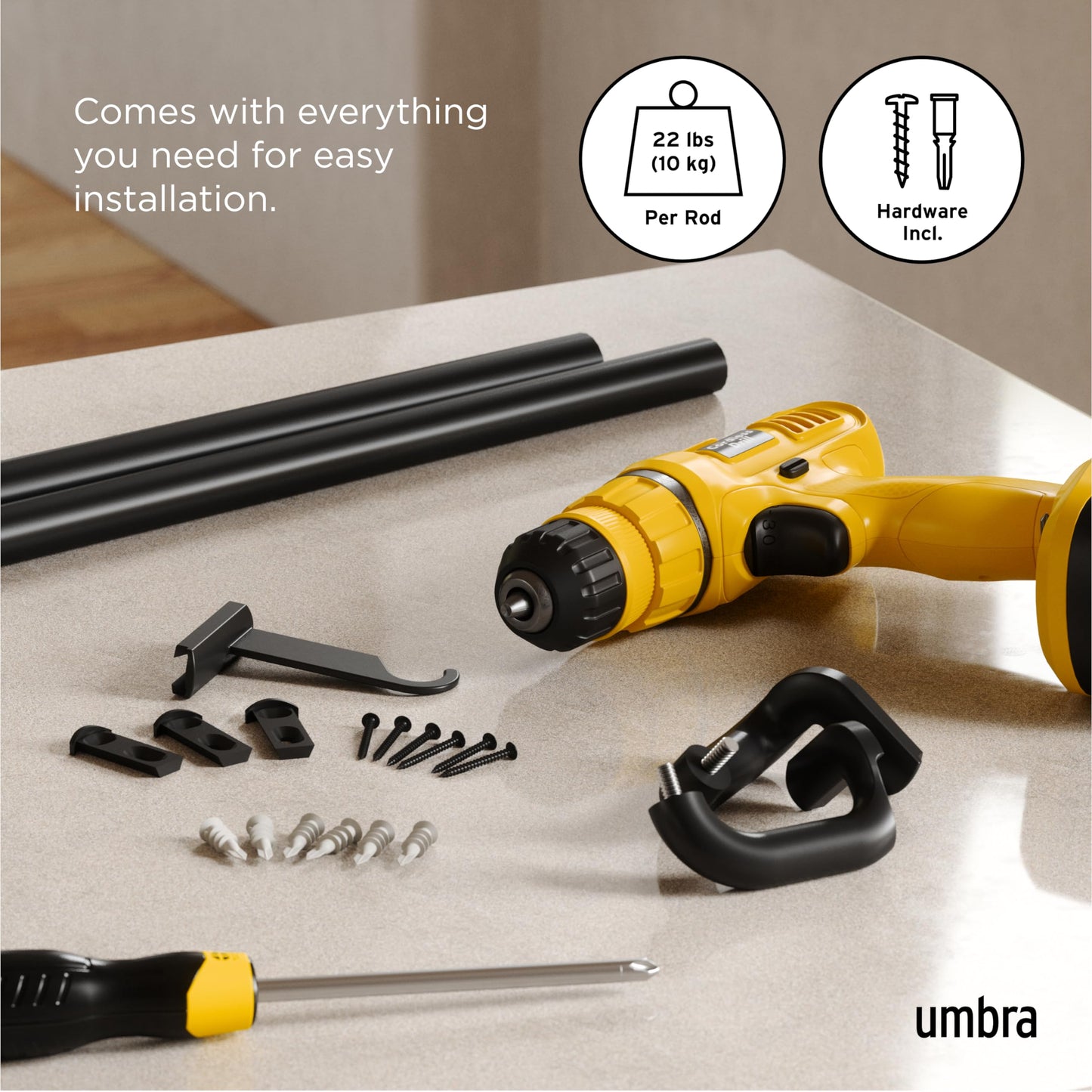 Umbra Twilight Curtain Rod Set – Wrap Around Design Ideal for Blackout or Room Darkening Panels, 30 to 84 Inches, Black