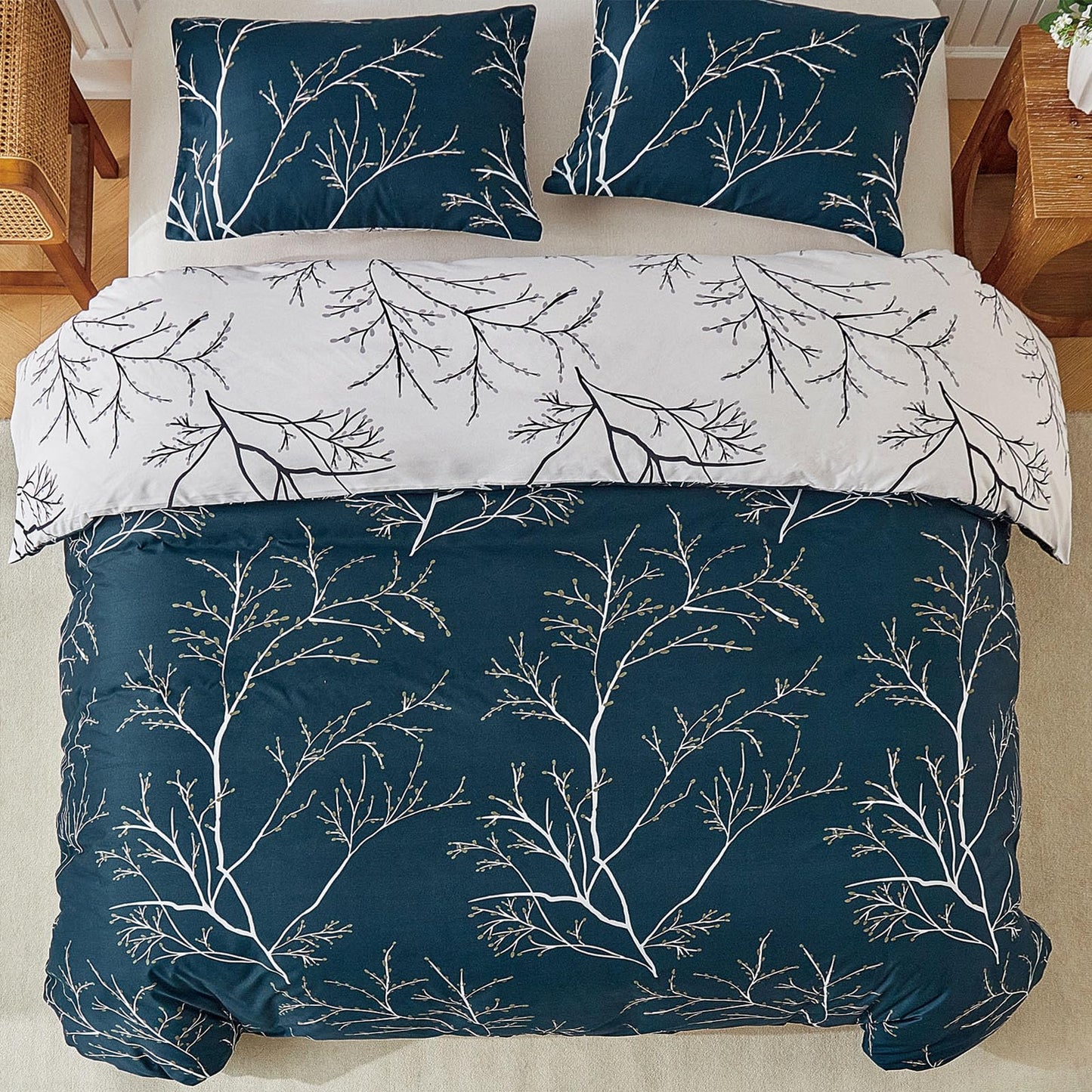 Duvet Cover King, Ultra Soft Microfiber Bed Set, Tree Branches Pattern Bed Sets, 3 Piece Breathable King Duvet Cover Set with Zipper Closure, Corner Ties, (104x90 Inch, Blue)