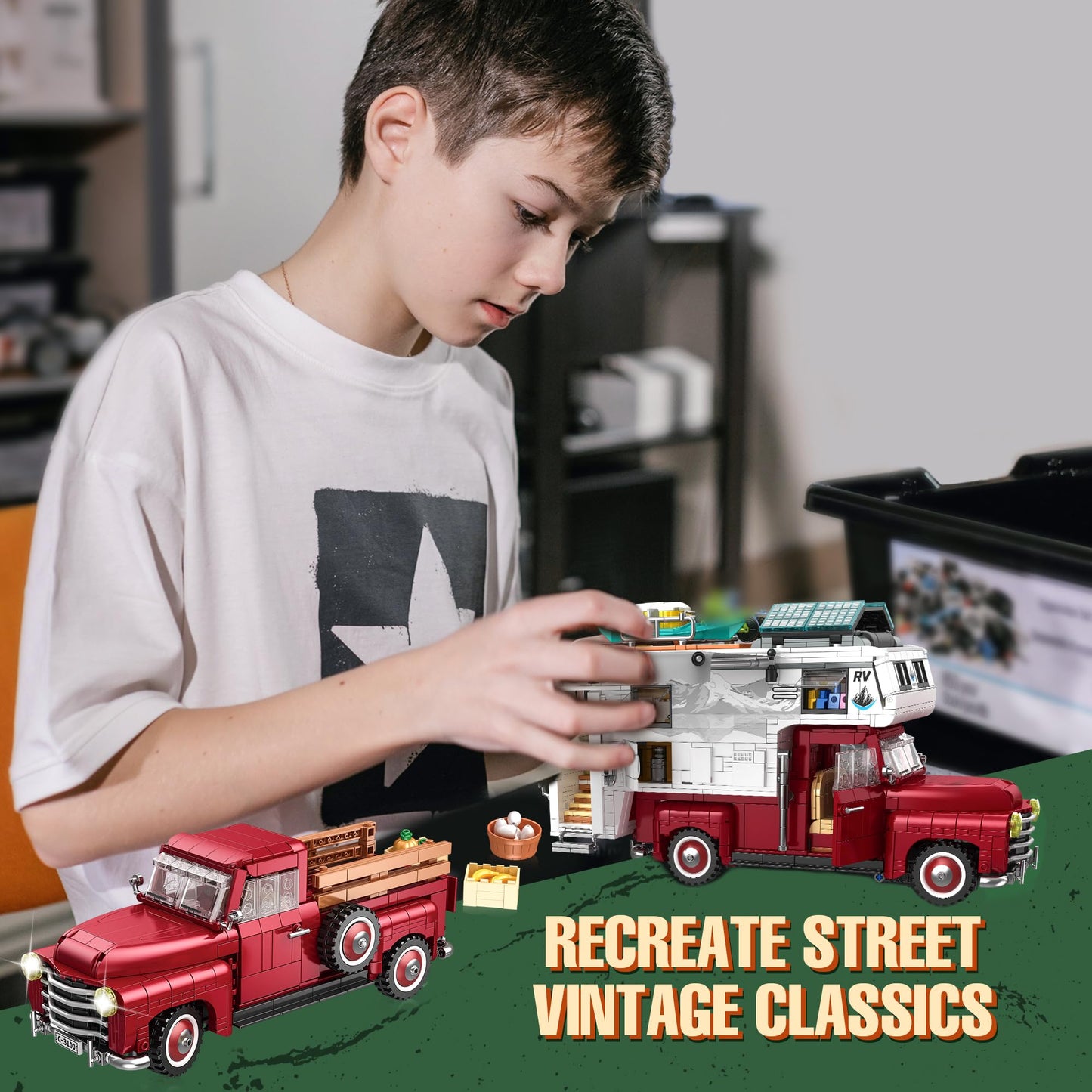 Car Building Block for Adult, 2-in-1 Camper Van Building and Farm Pickup Truck Building Set Toy for Boys Age 12+, Retro Rvs Building Block Kit Set, 2188pcs