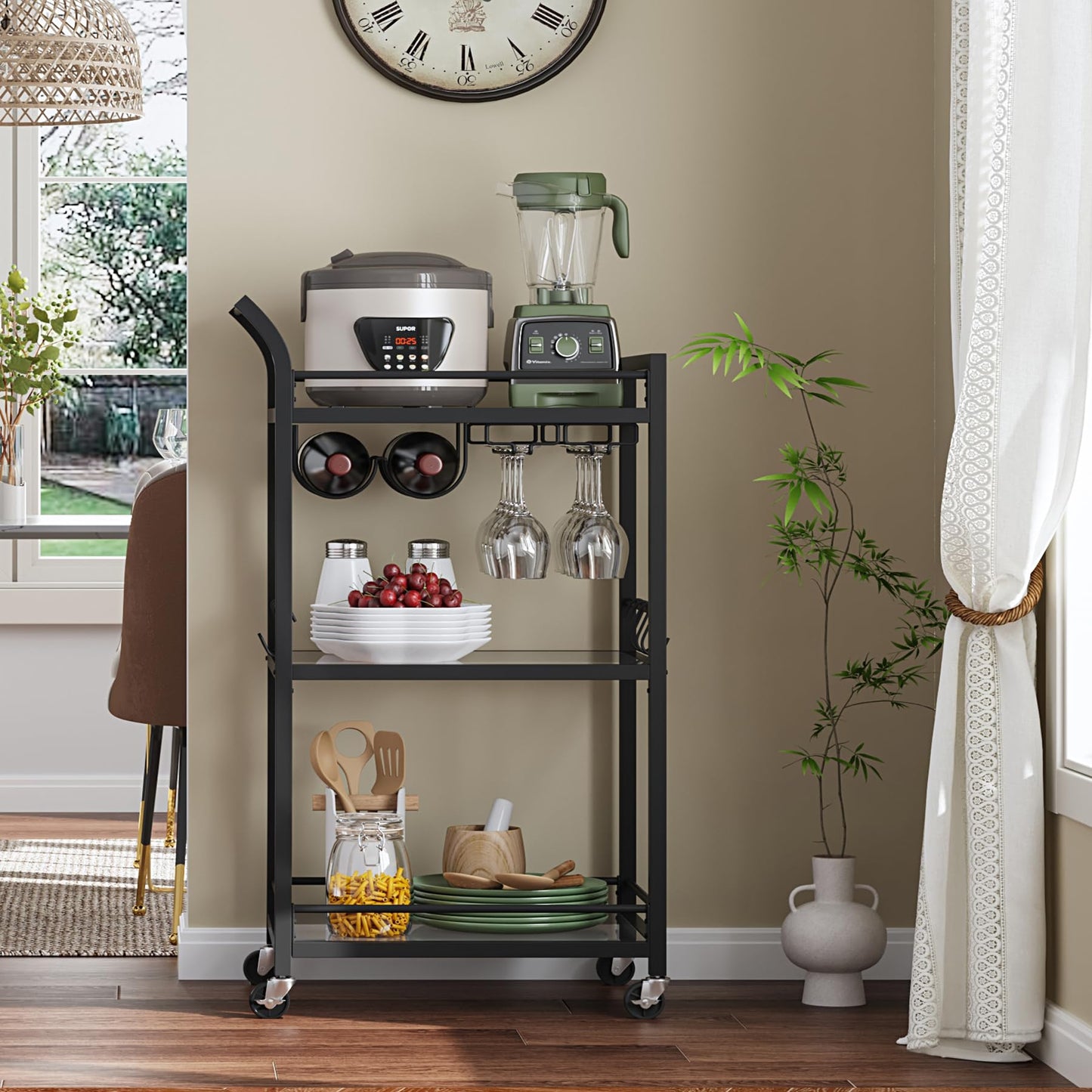 TUTOTAK Bar Cart, Home Bar Serving Cart with 3-Tier Mirrored Shelf, Wine Cart, Drink Cart, Mobile Kitchen Shelf, Black BC01BK034CA