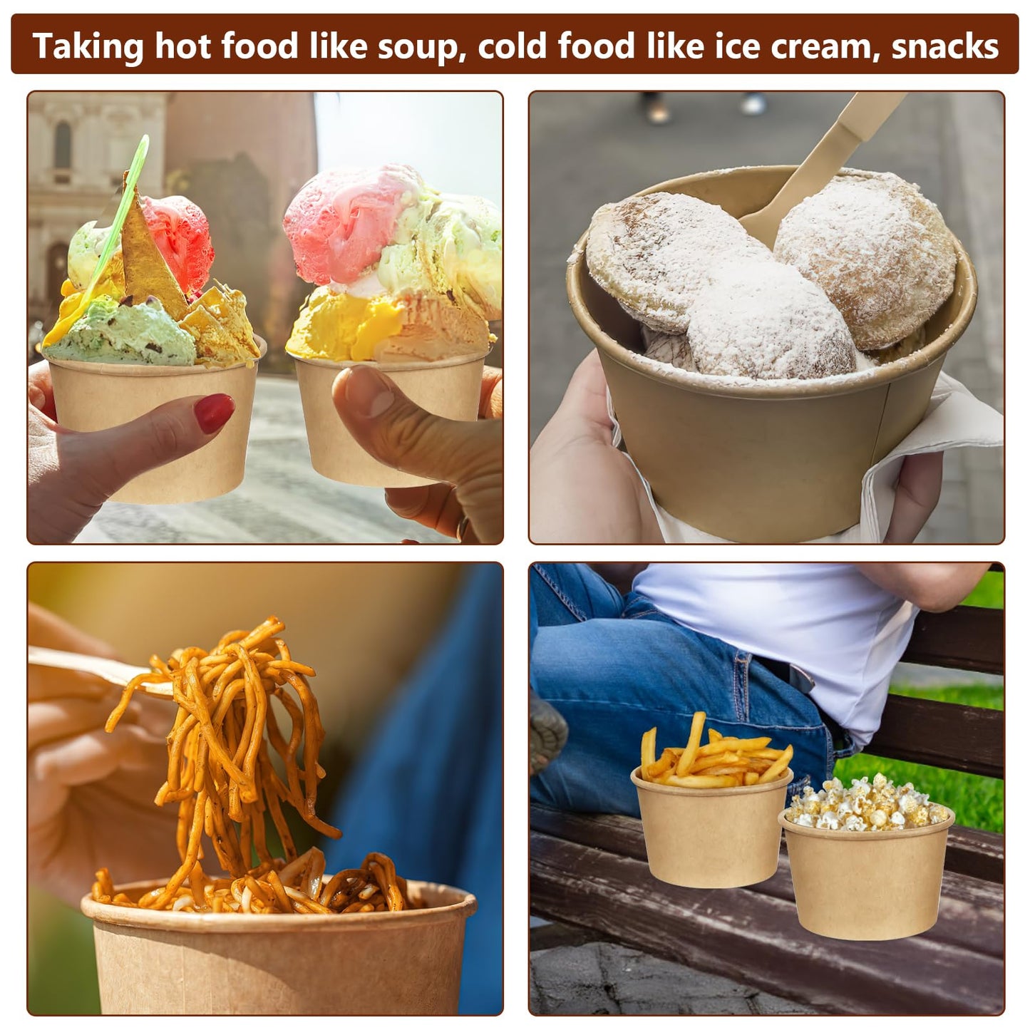 100 Pack 8 oz Paper Soup Containers with Vented Lids, Disposable Kraft Paper Food Containers to Go Hot Soup Bowls Ice Cream Cup Dessert Cup for Restaurants (Kraft)