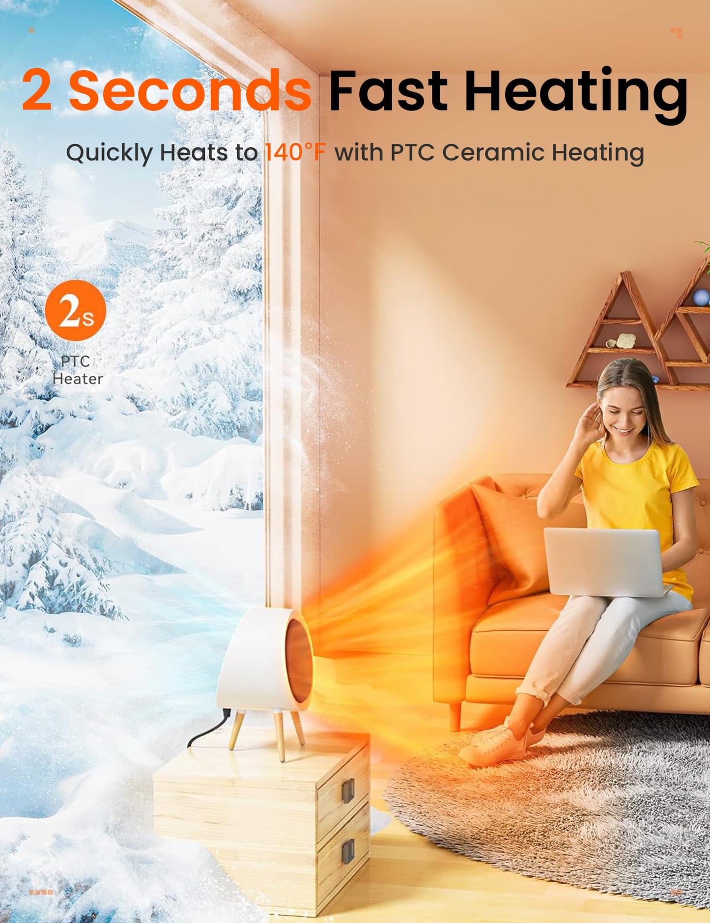 GAIATOP Space Heater, 1000W Energy Efficient Space Heaters for Indoor Use, 3 Mode PTC Fast Heating Ceramic Electric Heater, Overheating & 45°Tip-Over Protection Portable Heater for Office Home White
