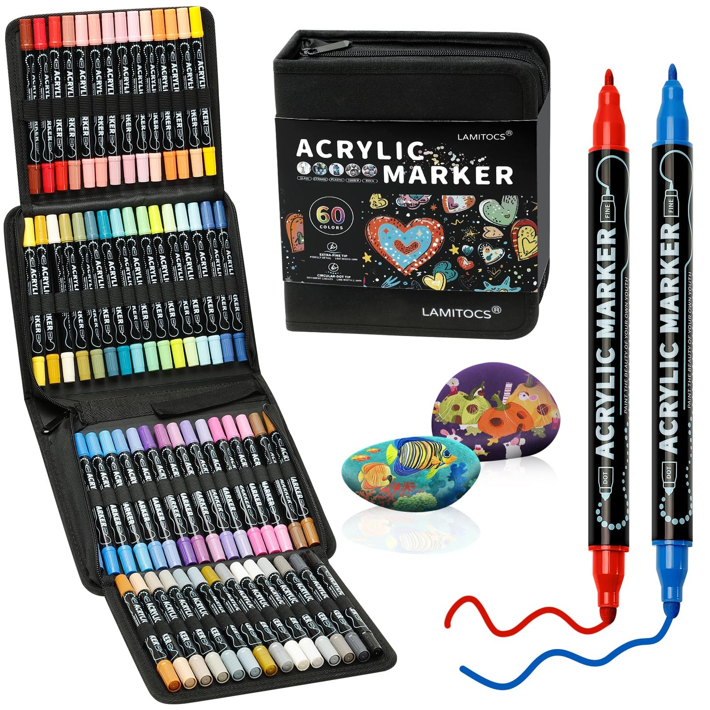 Lamitocs Acrylic Paint Pens, 60 Colours Dual Tip Acrylic Markers with Fine & Dot Nibs for Rock, Wood, Glass, Canvas, Office & Studio Painting