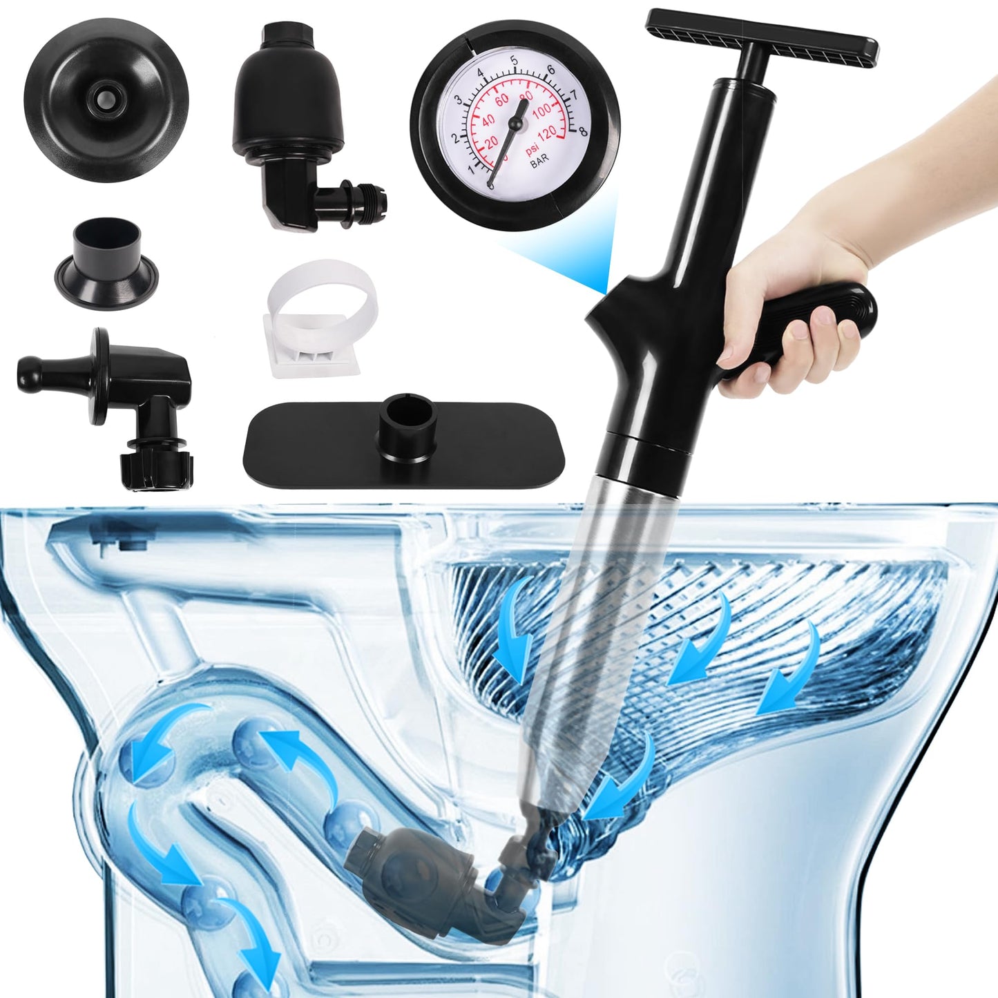 Air Toilet Plunger, Drain Clog Remover, High-Pressure Air Drain Blaster with Real-Time Barometer Powerful Drain Snake Sink Plunger Plumbing Tools, Plungers for Bathroom Sink Floor Kitchen Clogged