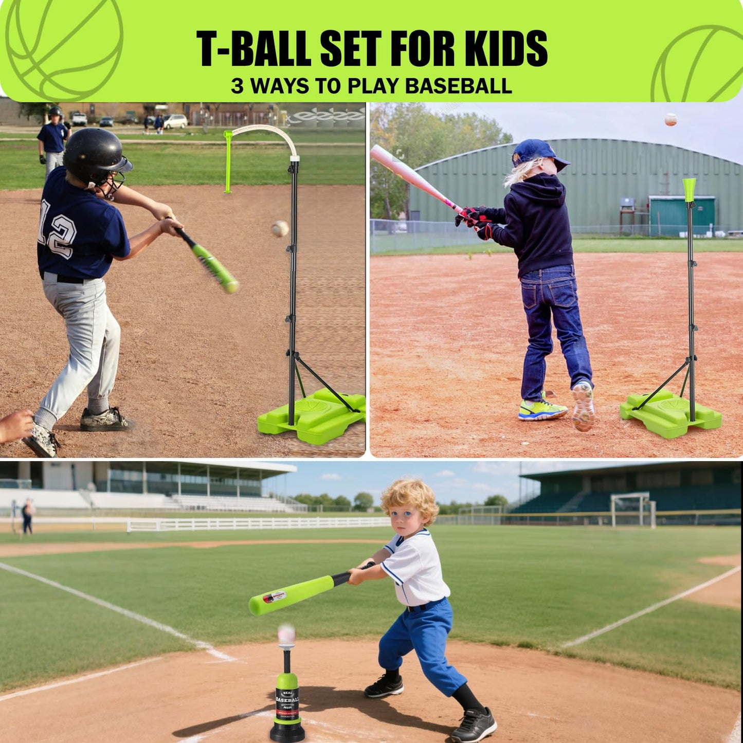 4 in 1 Kids Basketball Hoop and Tball Set for Kids 3-5, Adjustable Height Toddler Basketball Hoop, Hanging Tee Baseball with Automatic Pitching Toddler Birthday Gift Outdoor Toys for 3-12 Years Old