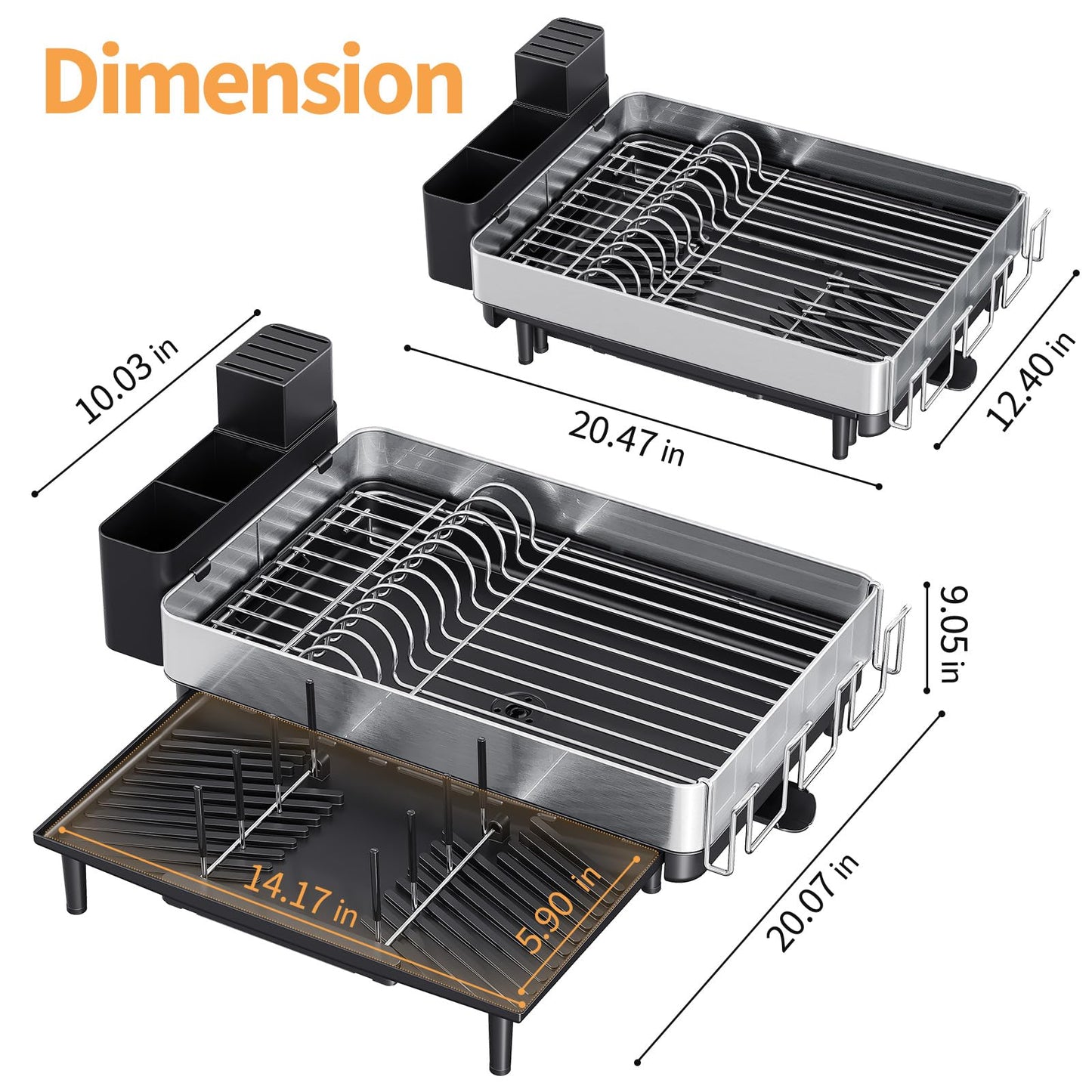 Expandable Dish Rack with Drainboard - Stainless Steel Dish Drainer with Removable Cutlery Tray, Foldable Cup Holder, Elevated Feet, Multifunctional Drainboard for Sink Countertop Kitchen Storage