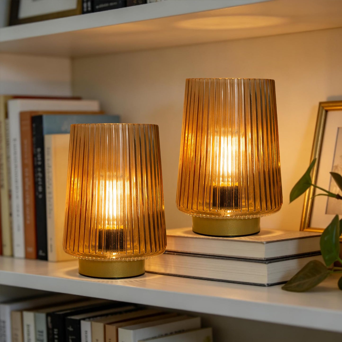 Battery Operated Lamp with Timer, Set of 2 Small Cozy Table Lamp Decorative Ambient Glass Lamp for Bedside & Home Decor, Aesthetic Cordless Battery Powered Accent Lamp for Living Room Shelf, Amber