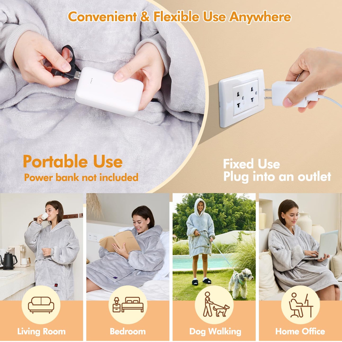 FirstE Wearable Heated Blanket Hoodie, Portable USB Heated Hoodie Blanket, Comfy Electric Wearable Hooded Sweatshirt for Women Adults Outdoor Indoor Warm,Large Pocket,3 Heating Levels,3h Auto Shut-off