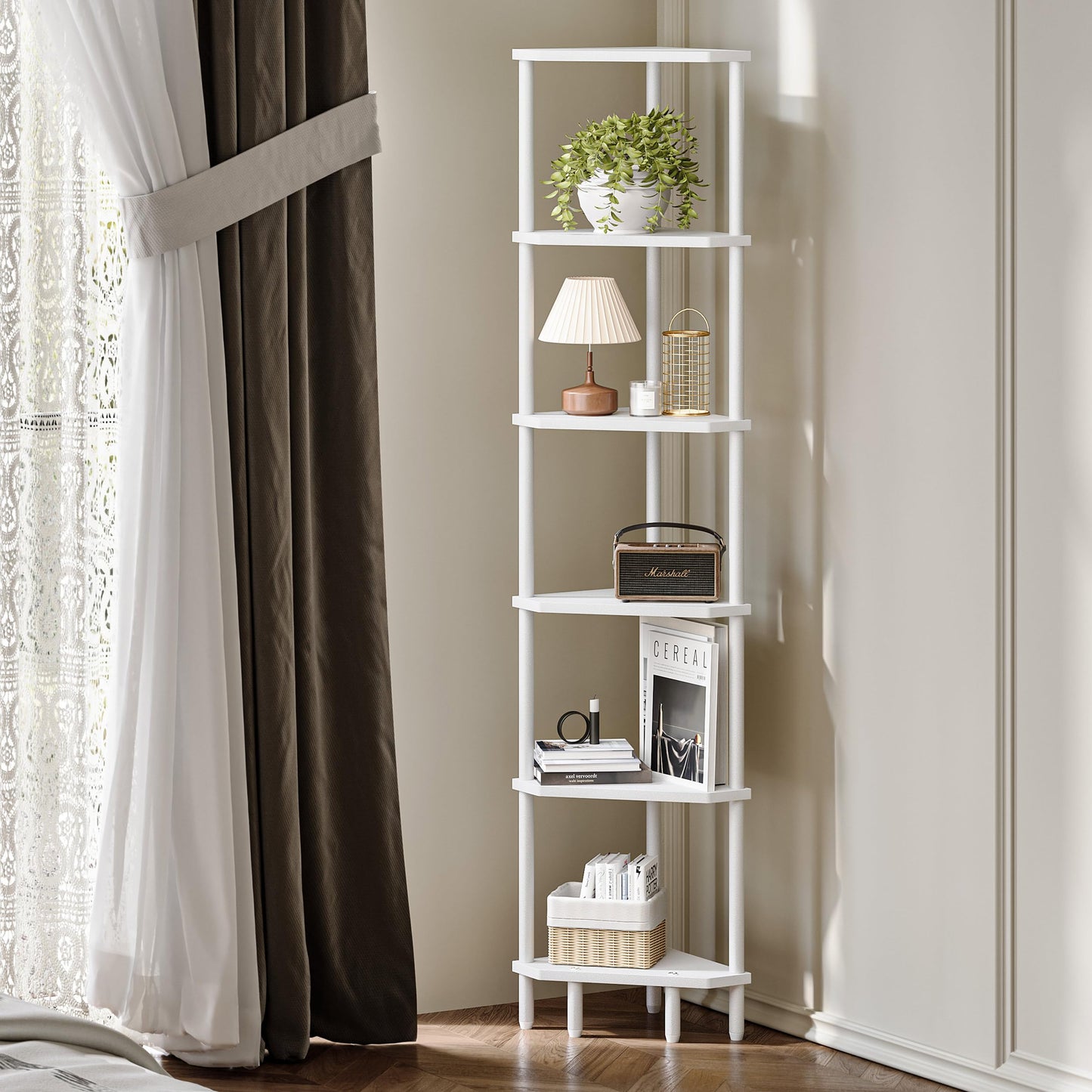 6 Tier Corner Shelf, 66.5'' Tall Standing Shelf, Narrow Display Shelf Stand, Modern Corner Bookshelf, Plant Stand, Corner Bookcase for Living Room, Bedroom, Bathroom, White CALCS502W