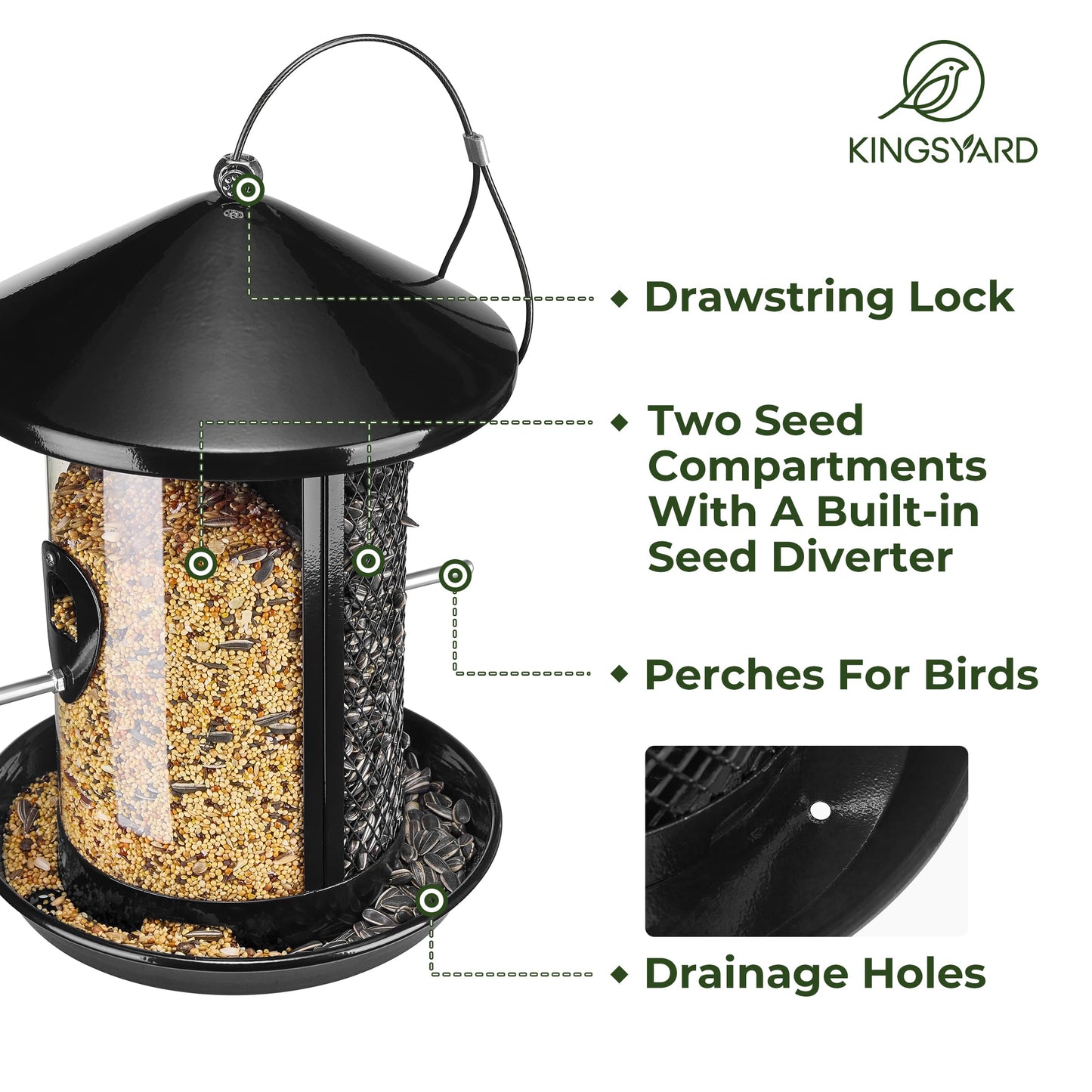 Kingsyard Metal Bird Feeder for Outdoor Hanging - Chew Proof Wild Bird Finch Cardinal Feeder with Dual Chamber of 4 lbs Capacity for Bluebird, Black