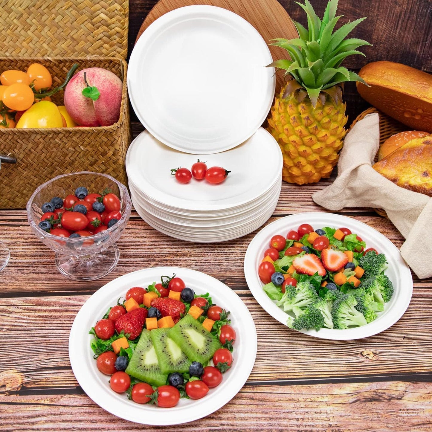 150 Pack Paper Plates, 9 Inch Disposable Plates Compostable Heavy Duty Plates Eco Friendly White Bagasse Plate Fibers Biodegradable for Events Crafts Projects Dry Foods General Use