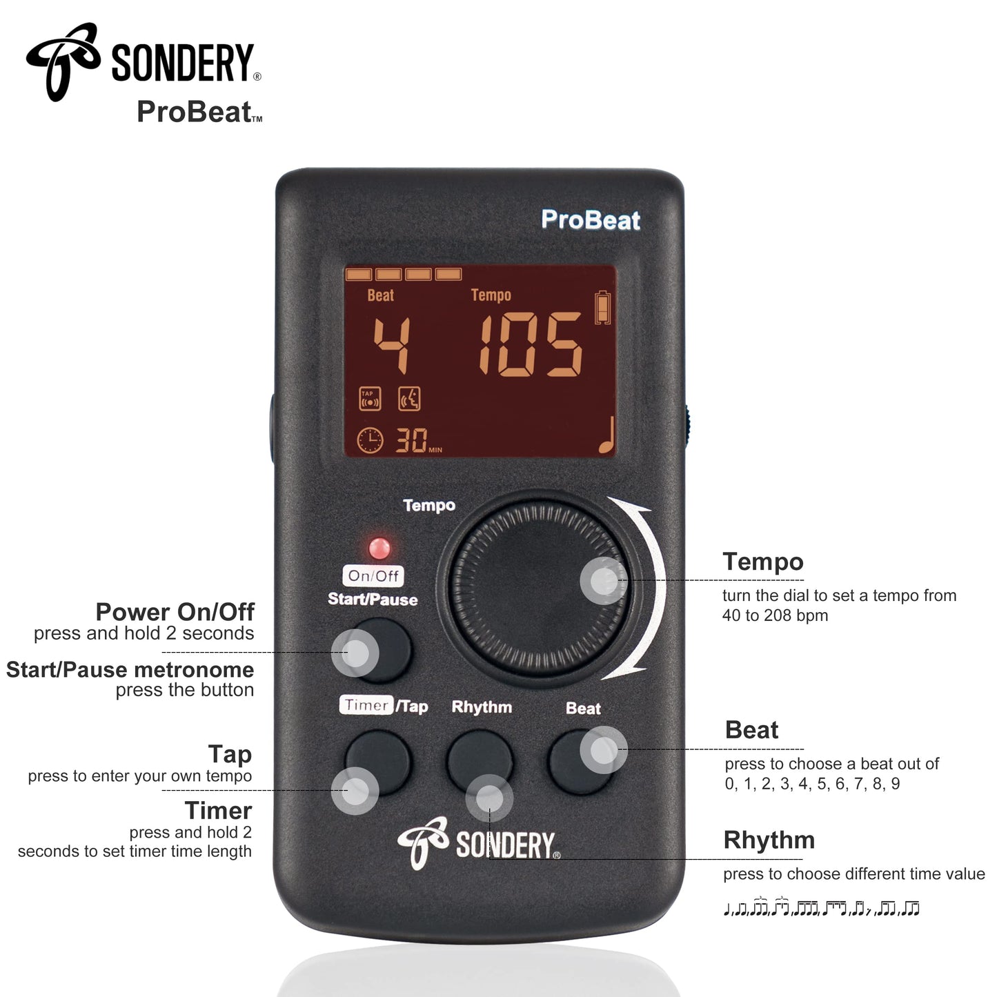 Sondery Digital Metronome for Guitar Piano Drum and All Instruments with Timer, English Vocal Counting and 3 Different Sounds with Earphone Jack and Flashing Light, Loud Volume, Rechargeable