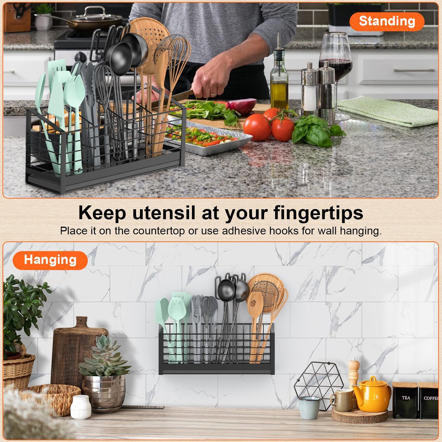 PENGARO Extra Large Utensil Holder for Kitchen Counter, Kitchen Cooking Utensil Holder Organizer with Drying Diatomaceous Earth Base, Cooking Tools Utensil Crock Storage for Countertop, 4 Compartments