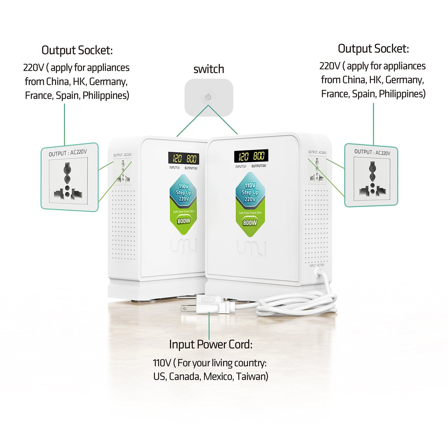 110 to 220 Voltage Converter Step UP only 800W for Euro and Asia Appliance with 220-240V Rated to be Used in US