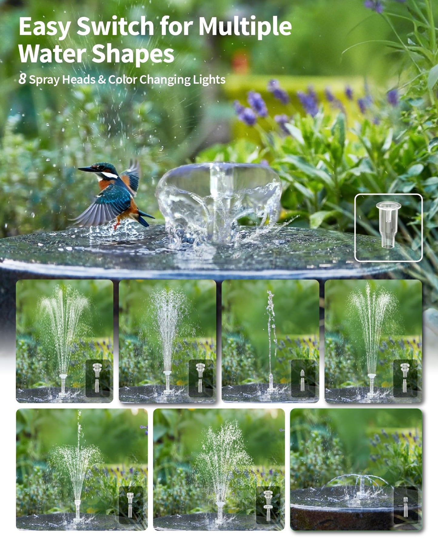 POPOSOAP 8W Solar Fountain Pump with 3200mAh Battery Backup & LED Lights, Solar Water Fountain Kit with 8 Nozzles & PVC Tubing for Bird Bath, Pond, Fish Tank, Backyard Decor P108DL