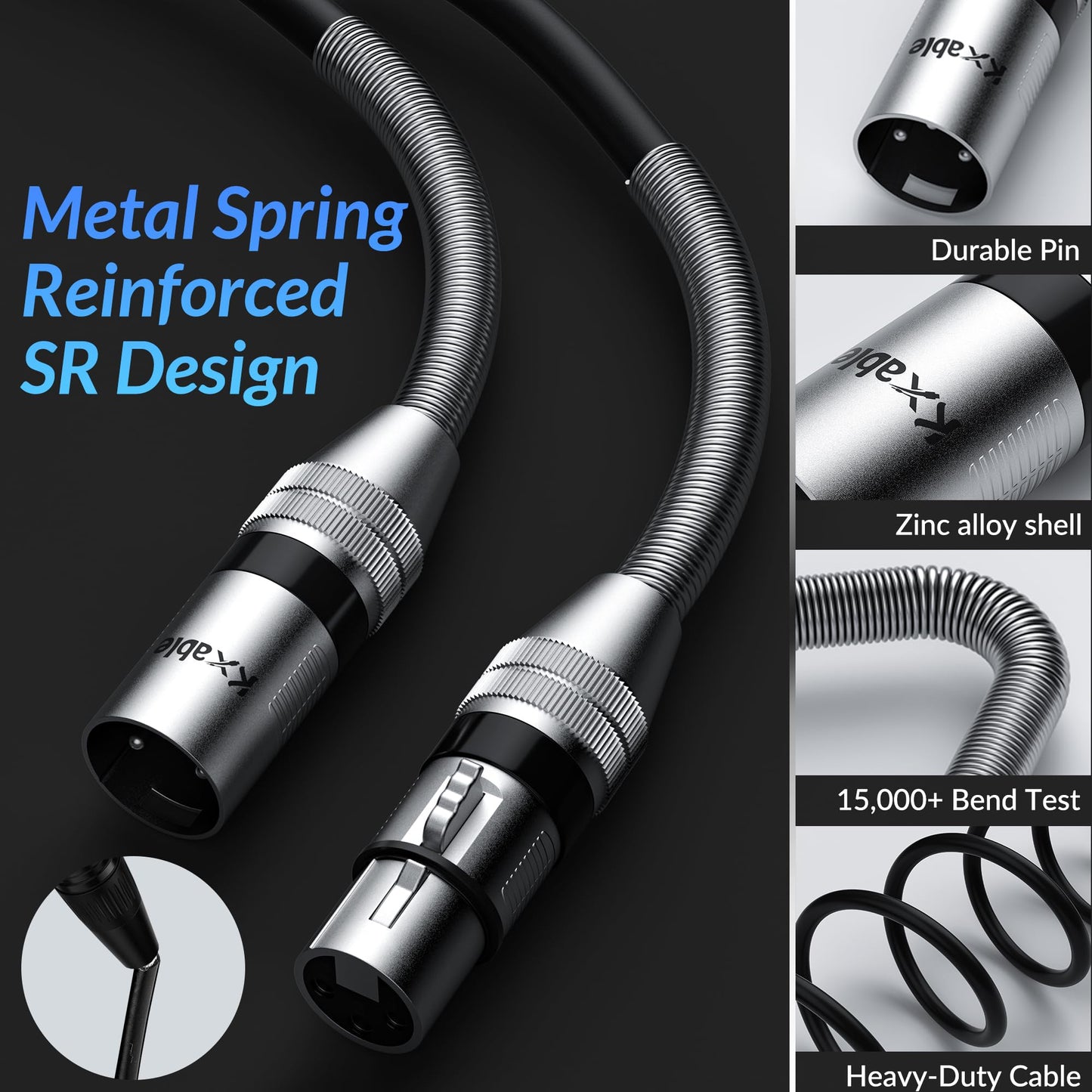 Kxable XLR Microphone Cable 40FT, XLR Male to Female Balanced Mic Cable, 3-Pin Shielded Speaker Cord, Zinc Alloy Connectors, Premium 22AWG Pure Copper, Metal Spring SR, Recording Studio, Podcast