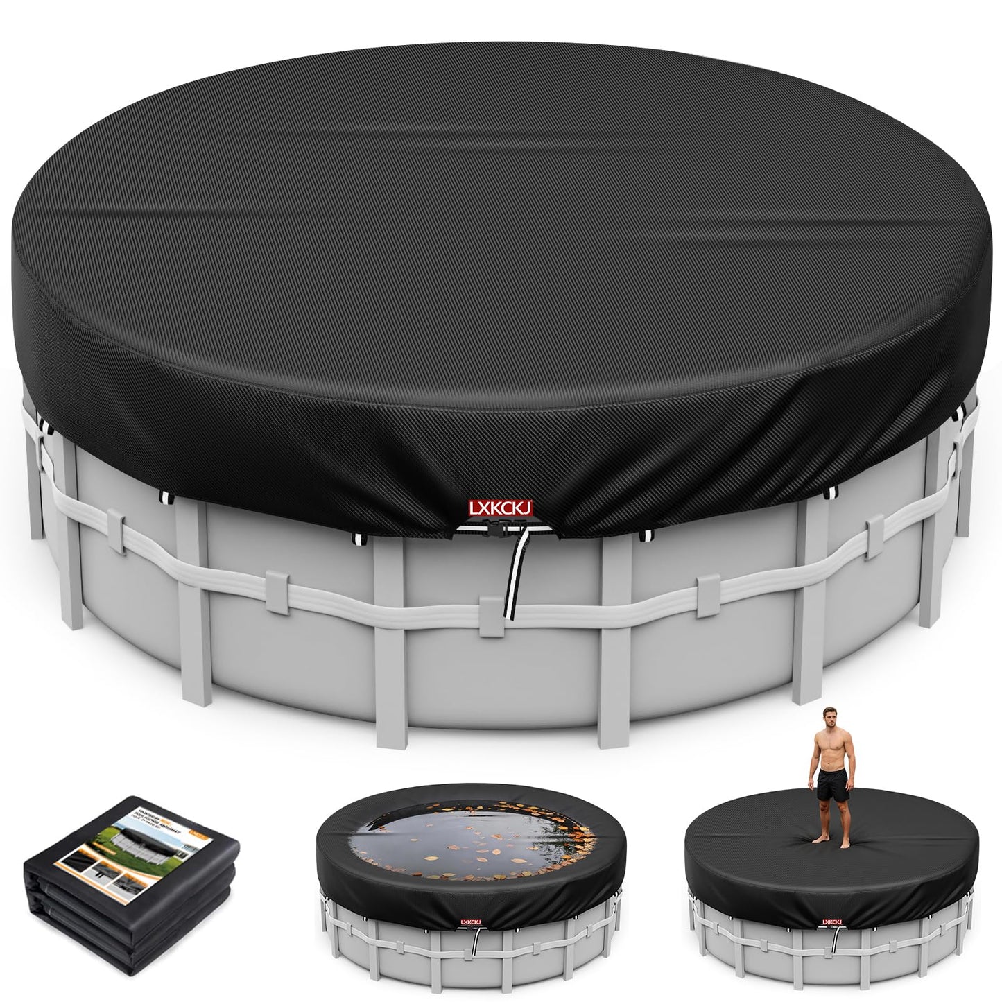 LXKCKJ 15 Ft Round Pool Covers for Above Ground Pools,Upgrade Solar Pool Cover Protector with Pool Accessories Increase Stability, Hot Tub Stock Tank Cover Ideal for Waterproof and Dustproof (Black)