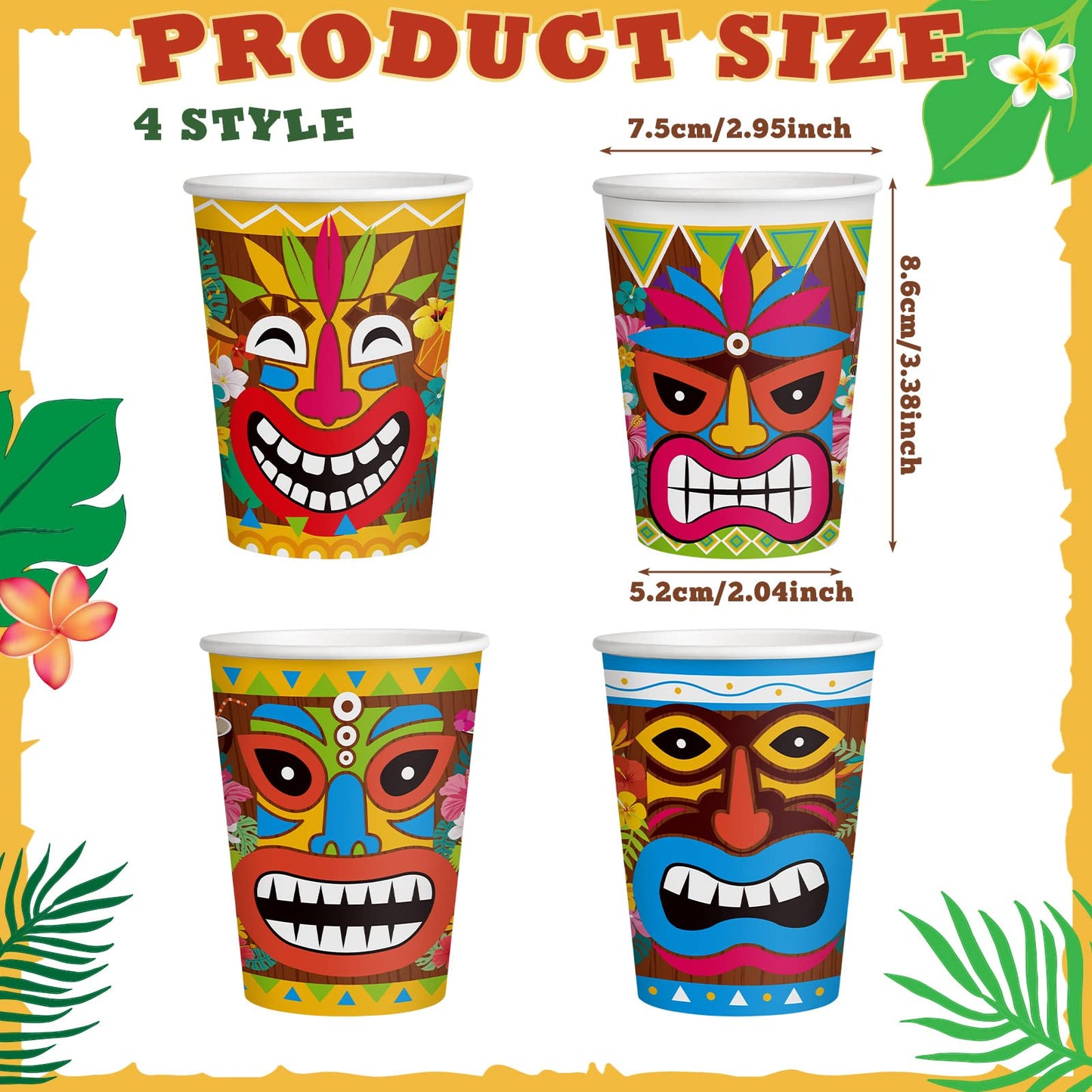 Yinder 60 Pieces Tiki Cups 9 oz Tiki Disposable Paper Cups Cute Party Decorations Summer Pool Party Decor for Kids Adults Beach Drinking Supplies(Hawaii)