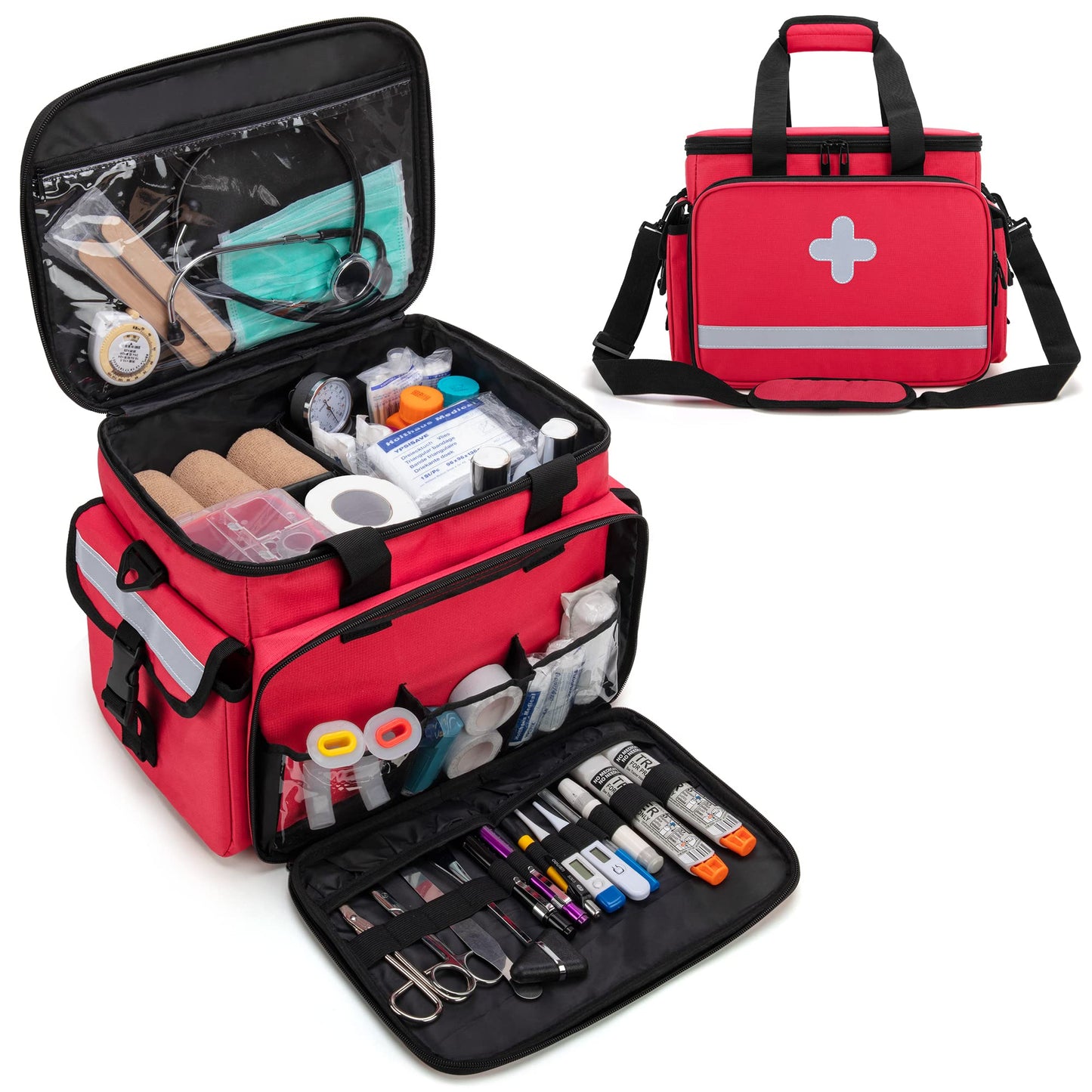 CURMIO Emergency Medical Supplies Bag, Home Health Aid Bag with Shoulder Strap and 2 Detachable Dividers for Nurse, Doctors, Home Health Staffs, Not Include Accessories, Empty Bag, Red
