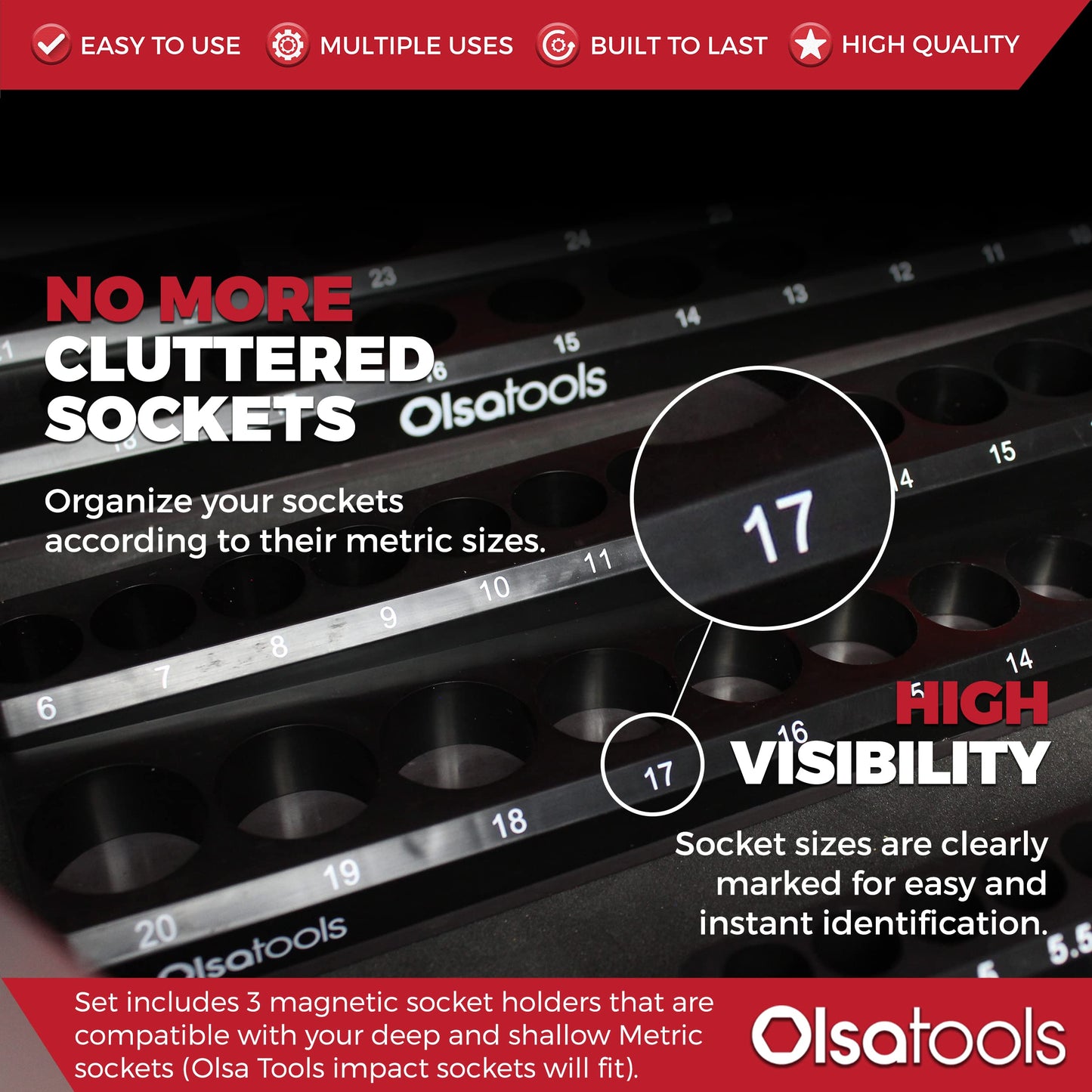 Olsa Tools Magnetic Socket Organizer - 3 Piece Socket Holder Kit - 1/2-Inch - 3/8-Inch - 1/4-Inch Drive - Metric - Black - Holds 75 Sockets - Professional-Grade - Part: 1151