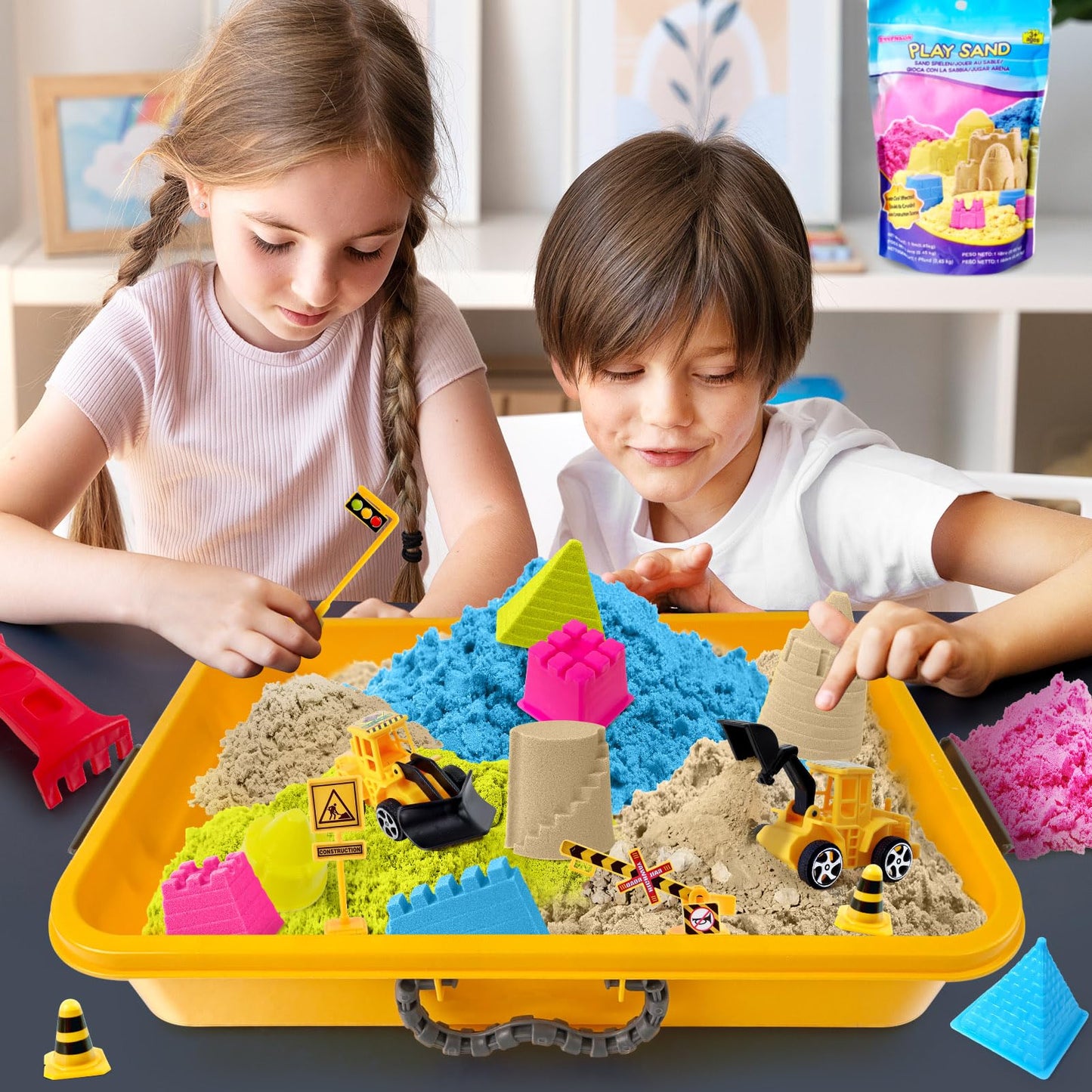 Sensory Bin - Play Sand Kit with Construction Set Toy Truck and 4lbs Magical Sand, Pretend Play Beach Sensory Toy Sandbox, Kids Gifts for Girls and Boys