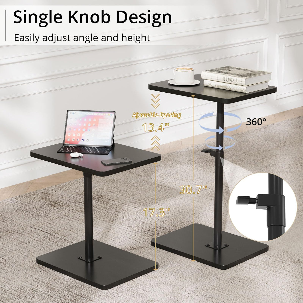C Shaped End Table Adjustable Height, 360°Swivel TV Tray Table for Small Spaces, Couch Tables That Slide Under, Snack Side Table for Sofa, Bed, Chair, TV Table for Eating, Dinner or Laptop, Black