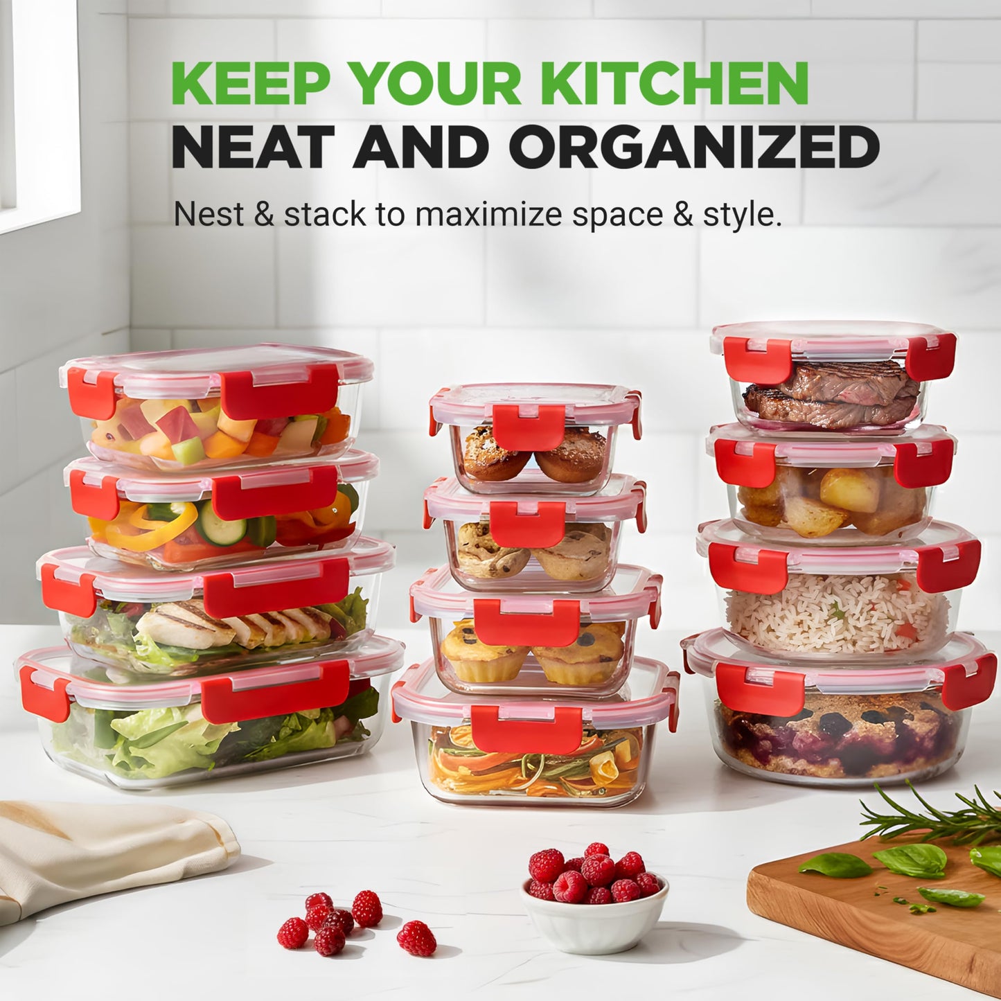 NutriChef 12 Piece Glass Food Storage Containers - Stackable Superior Glass Meal-prep Containers w/Newly Innovated Hinged BPA-Free 100% Leakproof Locking Lids - Freezer-to-Oven-Safe