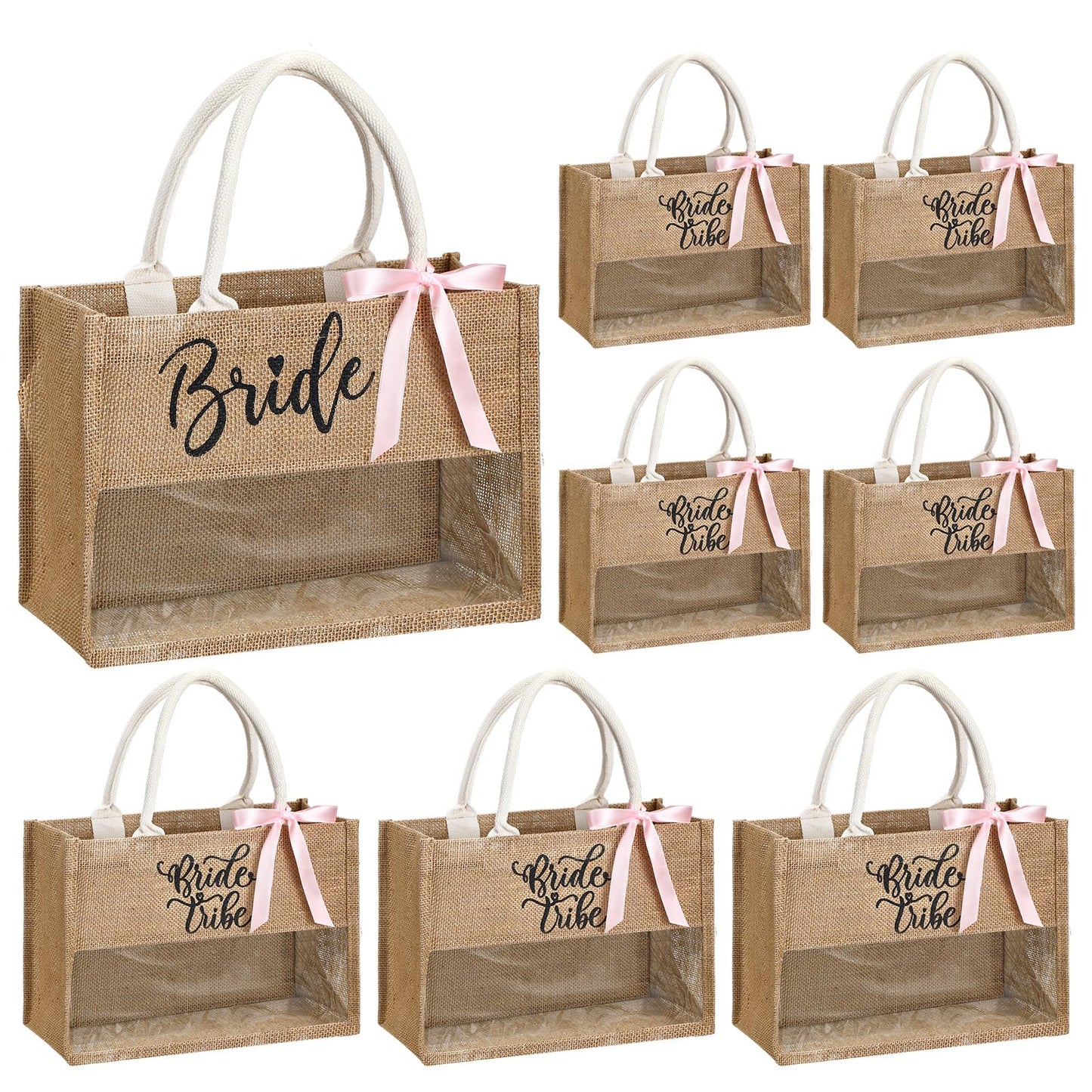 Locmeo 8 Pcs Bachelorette Beach Bag Bride to Be Bridal Party Tote Bag Bride Tribe Gifts Jute Burlap with Transparent PVC Film Window for Newlywed Bridesmaids Engagement Bachelorette Party(Jute Brown)