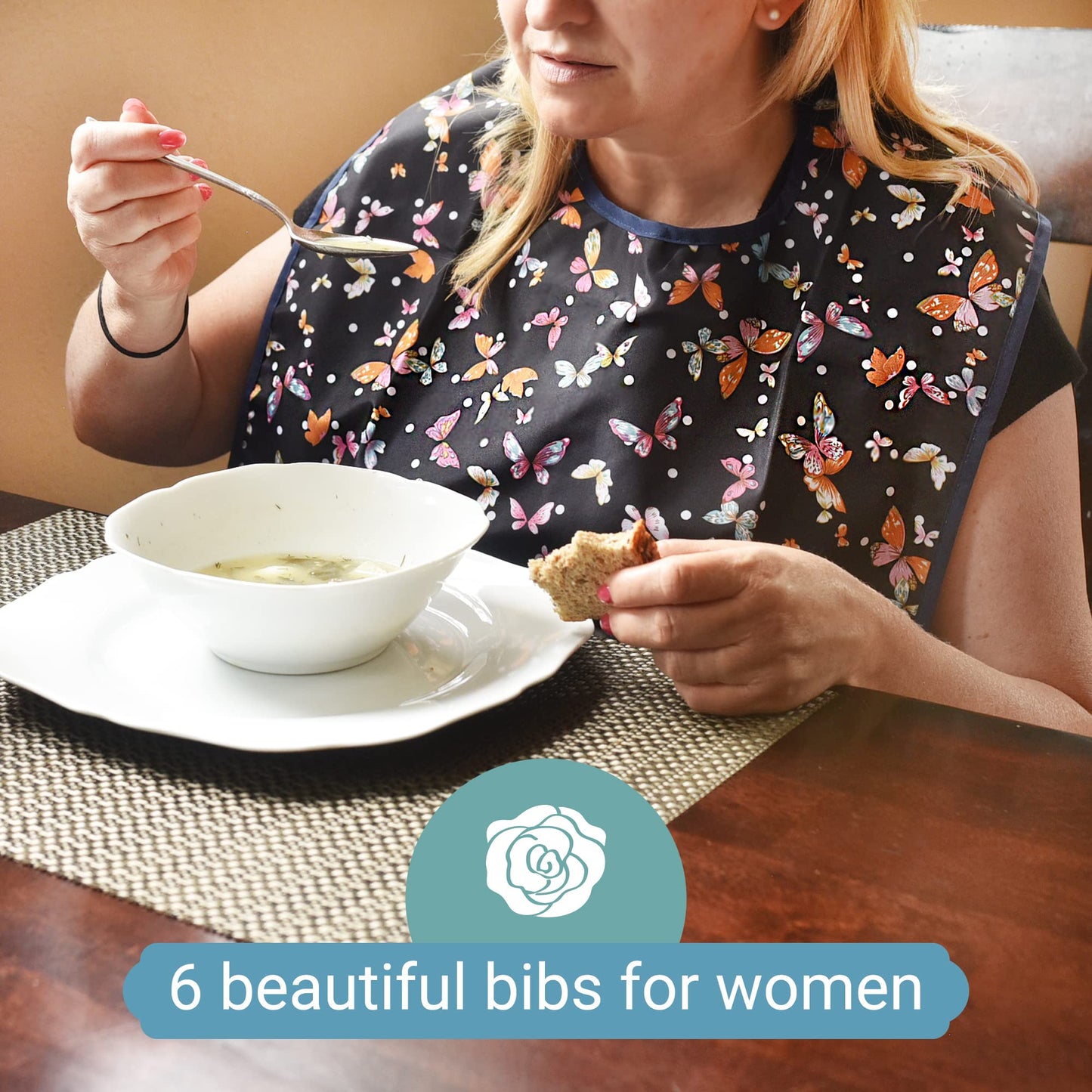 6 Pack Adult Bibs with Crumb Catcher - Waterproof and Reusable Clothing Protectors for Elderly Women
