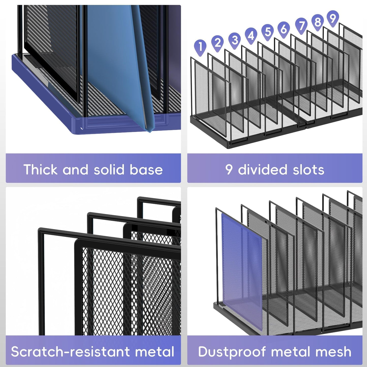 JMHUD 9-Section Desk File Organizer, Vertical File Holder, Mesh Desktop File Folder Metal File Binder Organizer Stand for Office Home Classroom, Black
