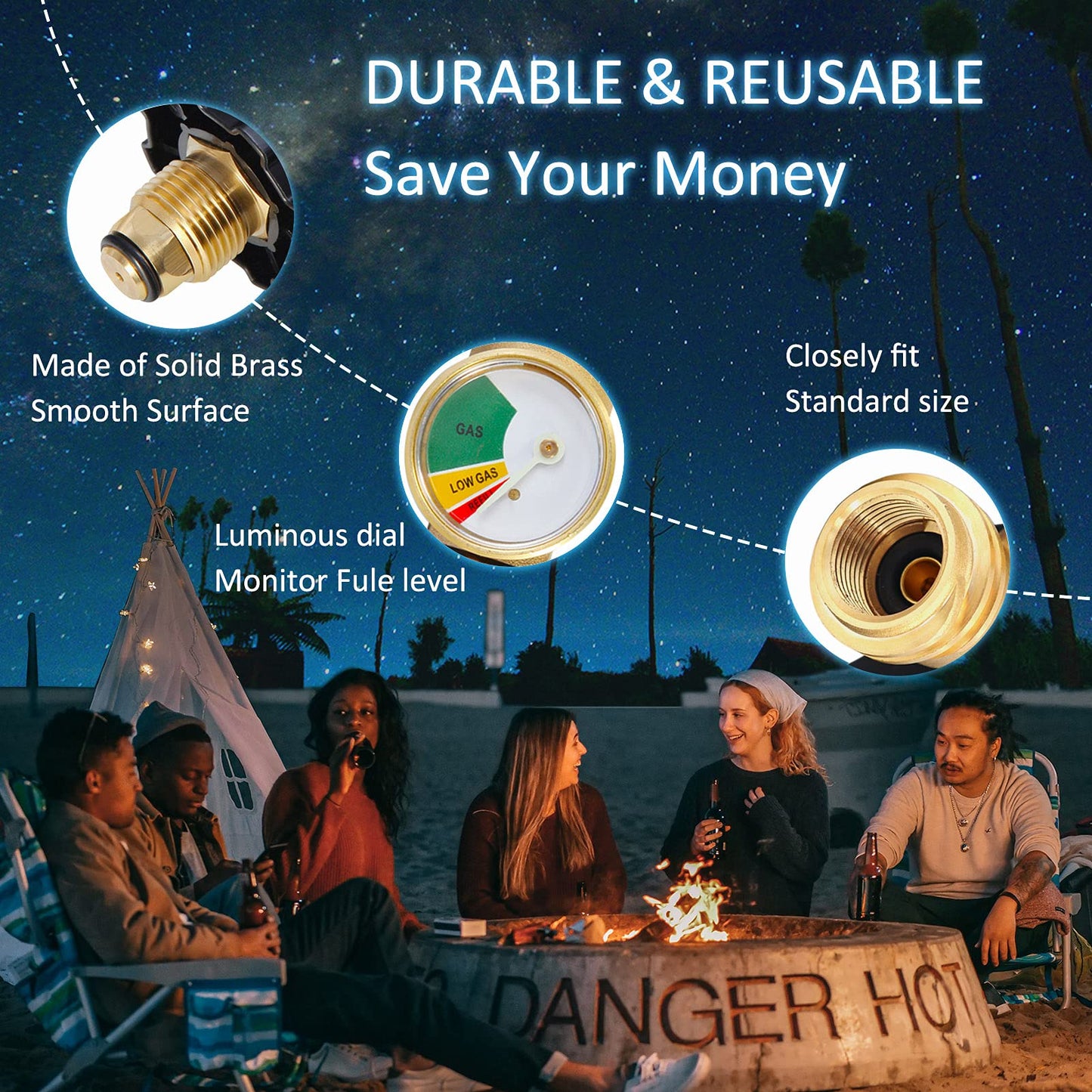 2 Pack POL Propane Tank Adapter with Gauge Converts POL LP Tank Service Valve to QCC1 / Type 1, Old to New Connection Type, 5-100lb Propane Tank Gauge for RV Camper, BBQ Gas Grill, Heater, etc