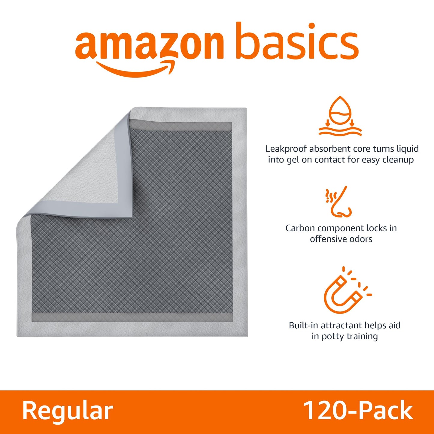 Amazon Basics Dog and Puppy Pee Pads with 5-Layer Leak-Proof Design and Super Absorbent Surface for Potty Training, Odor-Control Carbon, Regular Size, 22 x 22 Inch - Pack of 120, Gray