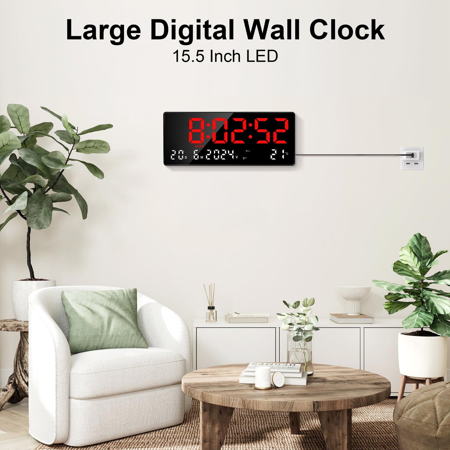 Lafocuse Large Digital Wall Clock 15.5 Inch LED Display, Red Digital Clock Powered by Cord with Remote Control, 2 Alarms, Date, Week, Temperature, Modern Electronic Clock for Living Room Bedroom