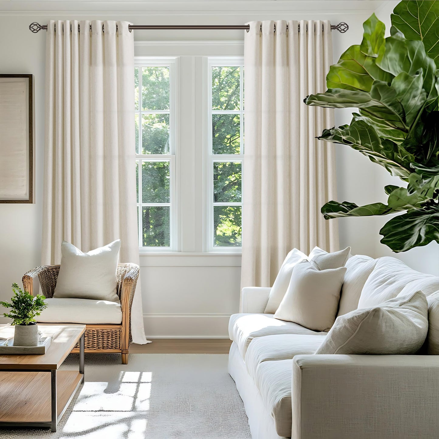 Linen Curtains 90 Inch Long for Living Room Bedroom Window Drapes with Grommets Top Light Filtering Privacy Textured Window Semi Sheer Drapes Sheer Linen Curtains 90 Inch 2 Panels Natural Cream
