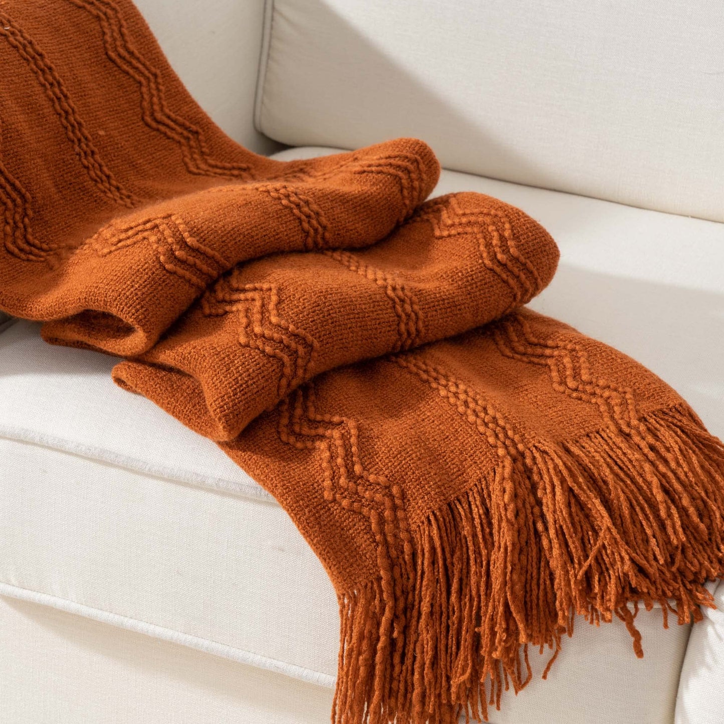 BATTILO HOME Caramel Throw Blanket with Fringe Geometric Bed Throws Spring Decorative Large Throw for Couch Sofa Indoor Outdoor (Caramel, 50 inch x60 inch )
