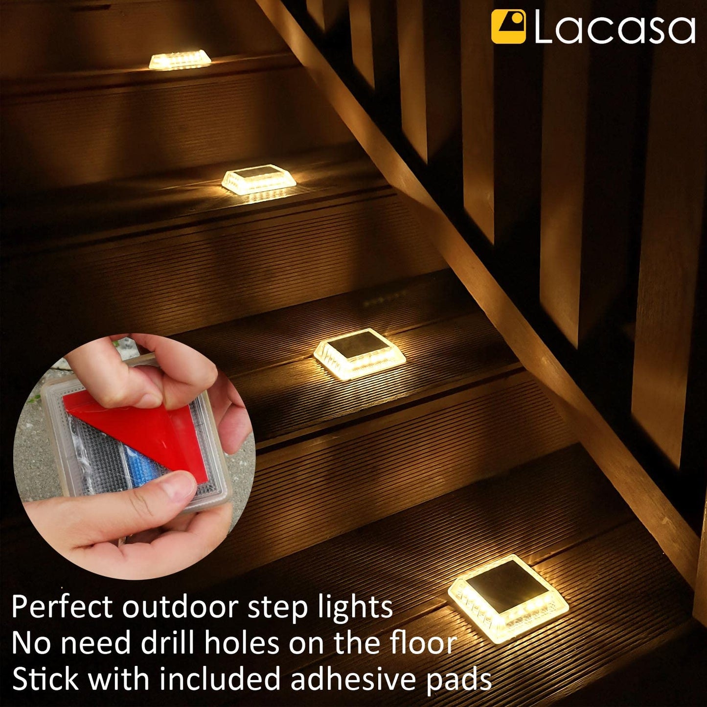 Lacasa Solar Deck Lights, 4 Pack 30LM LED Dock Lights Warm White 2700K, Outdoor Solar Powered Step Lights Light up All Night IP68 Waterproof Auto ON/Off for Garden Stairs Driveway Pathway Lighting