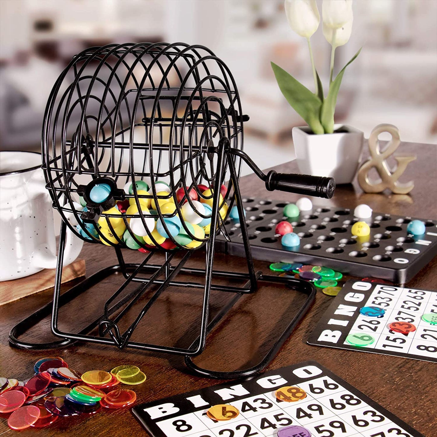 Bingo Game Set Deluxe 6-Inch Bingo with Colored Balls, 300 Bingo Chips and 50 Bingo Cards, Ages 14 and Up