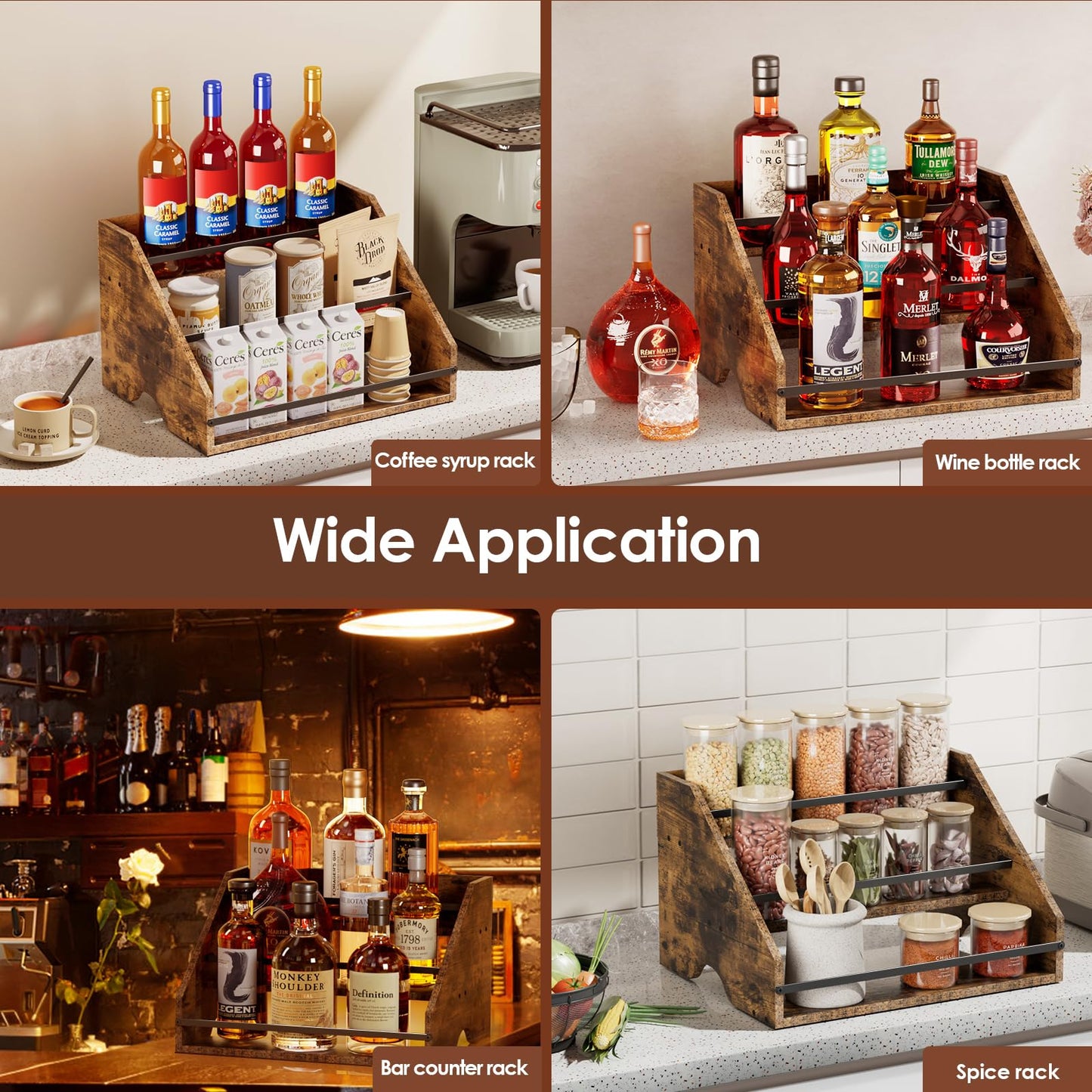 Nuovoware Liquor Bottle Display Shelf, Coffee Syrup Organizer, 3 Step Countertop Liquor Wine Rack, Home Retro Shelf Stand for Mini Bar, Cabinet, Bar Essentials for Whiskey, Spirits, Wooden
