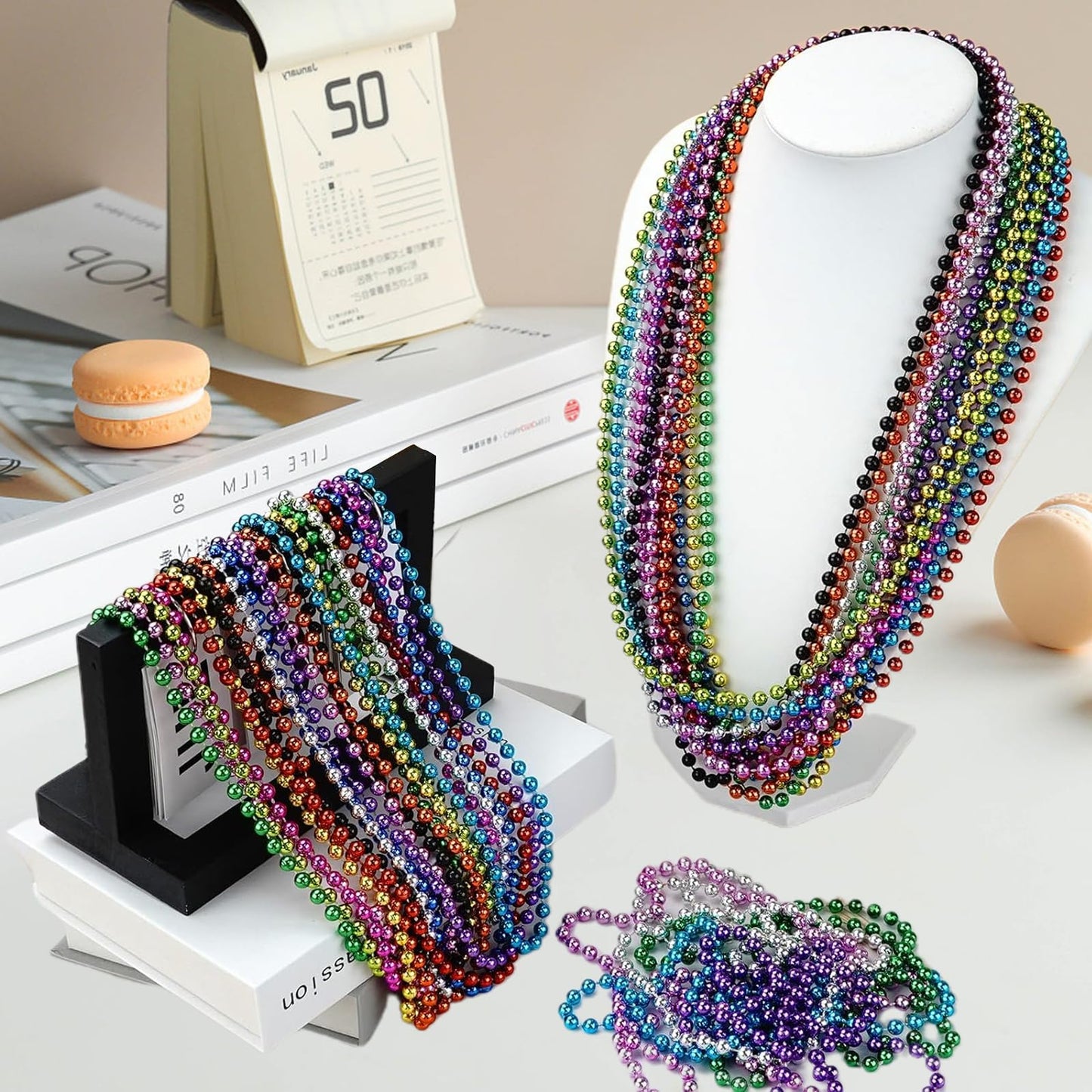 96 PCS Mardi Gras Beads, Metallic 12 Kinds of Bead Necklace Party Favors, 33" Mardi Gras Necklace Women Men Stuff, Festival Parade Throw Accessories for Wedding Birthday Celebrations Decorations