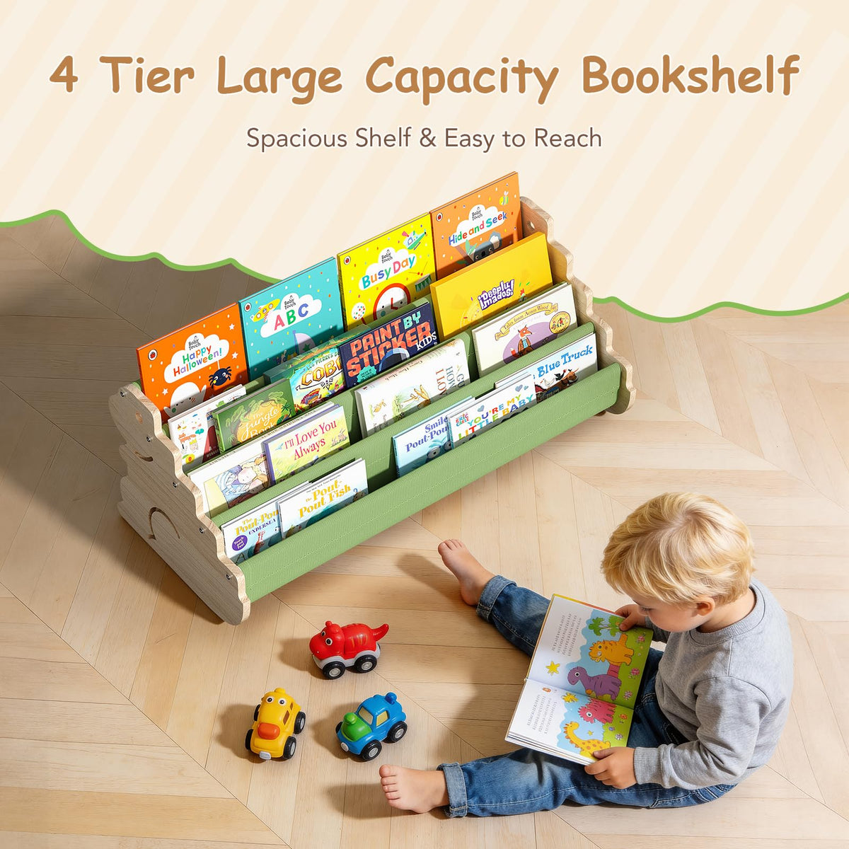 LAMU Bookshelf Kids, 4 Tier Portable Toddler Bookshelf, Solid Wood Kids Book Shelf for Nursery & Playroom, Cute Dinosaur Design Montessori Book Shelf, Toddler Book Display Shelves