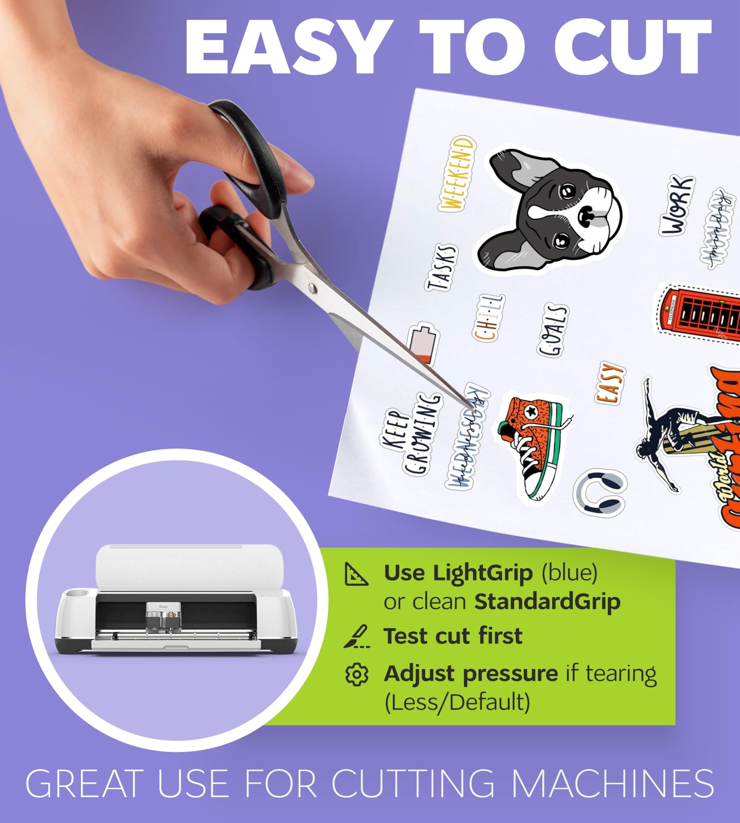Premium Printable Vinyl Sticker Paper for Inkjet Printer and Laser - 50 White Glossy Sticker Paper Waterproof - Durability Adhesive Paper 8.5 x 11, Fast Dry, Holds Ink Well, Great for Cutting Machines