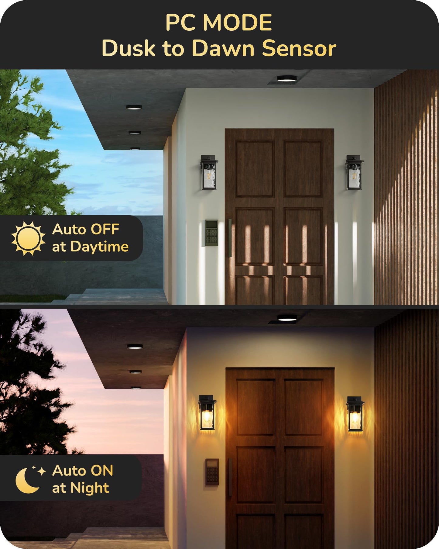 EDISHINE 2 Pack Outdoor Wall Light, Dusk to Dawn Exterior Light Fixture, Modern Porch Light Wall Mount Sconce, Clear Water Ripple Glass, Black Metal Outside Wall Lantern for Front Door Garage Patio