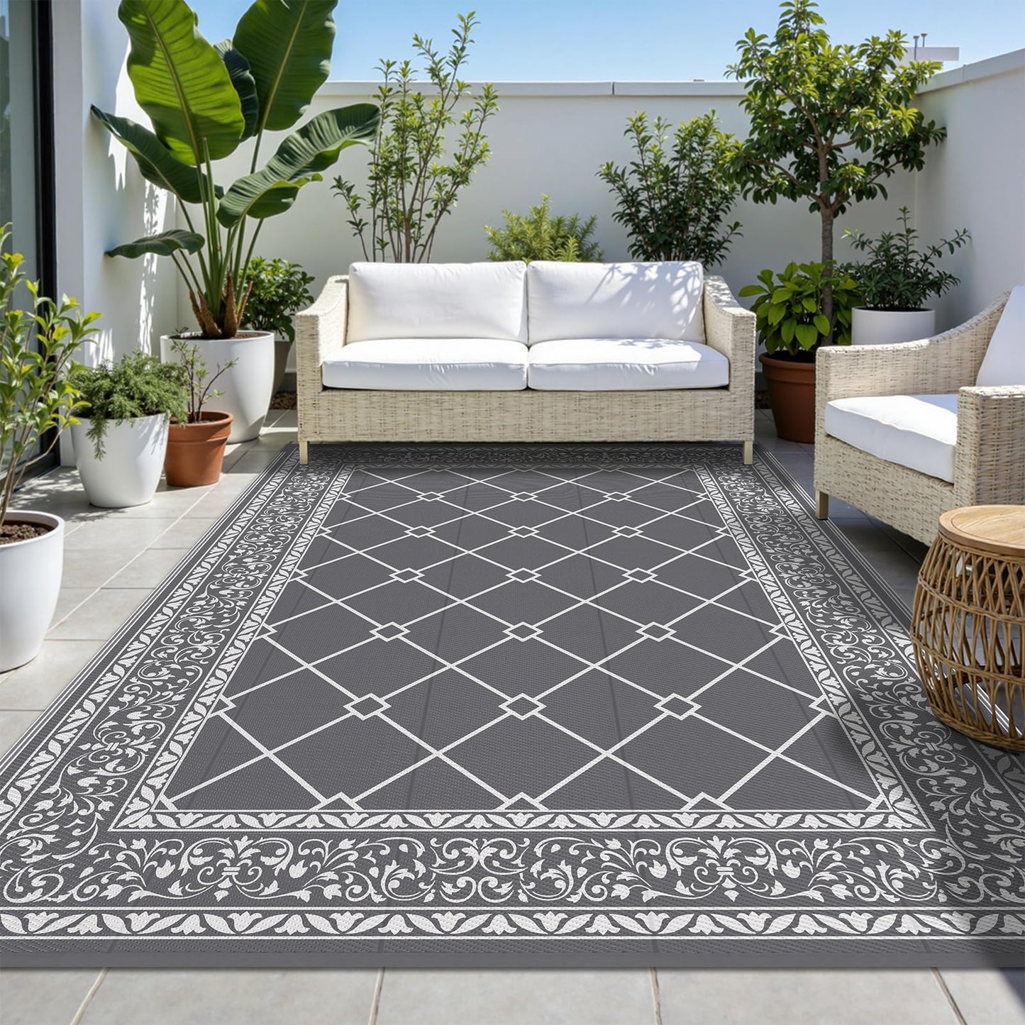 HEBE 5x8 Outdoor Rug Waterproof, Reversible Outdoor Area Rug, Portable Plastic Outside Rug Carpet, Geometric RV Camping Rug Mat for Patio Picnic Backyard Deck Balcony Porch Beach Trailer, Grey