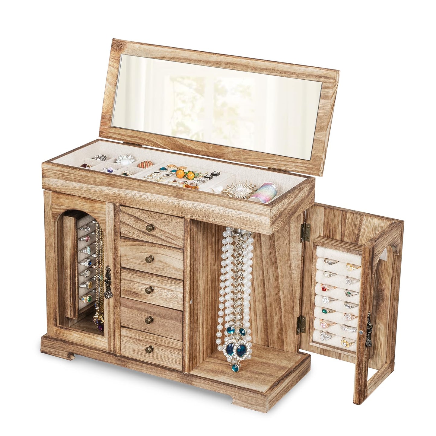 Emfogo Jewelry Box for Women Girls, Rustic Wooden Jewelry Organizer Box with Mirror, 5 Layer Jewelry Storage Case Display for Necklaces Earrings Rings Bracelets Valentine's Day Gifts