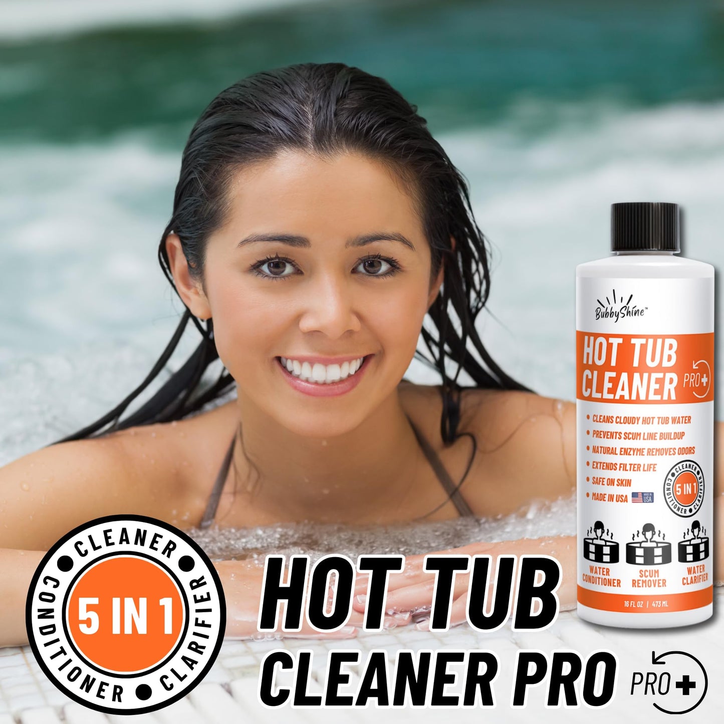 BubbyShine, 5in1 Weekly Hot Tub Cleaner - Spa Clarifier, Natural Enzyme, Conditioner, Scum Absorber, Inflatable Tub Chemicals Starter Kit, Spa Chemicals Cleaner (16 Weeks)